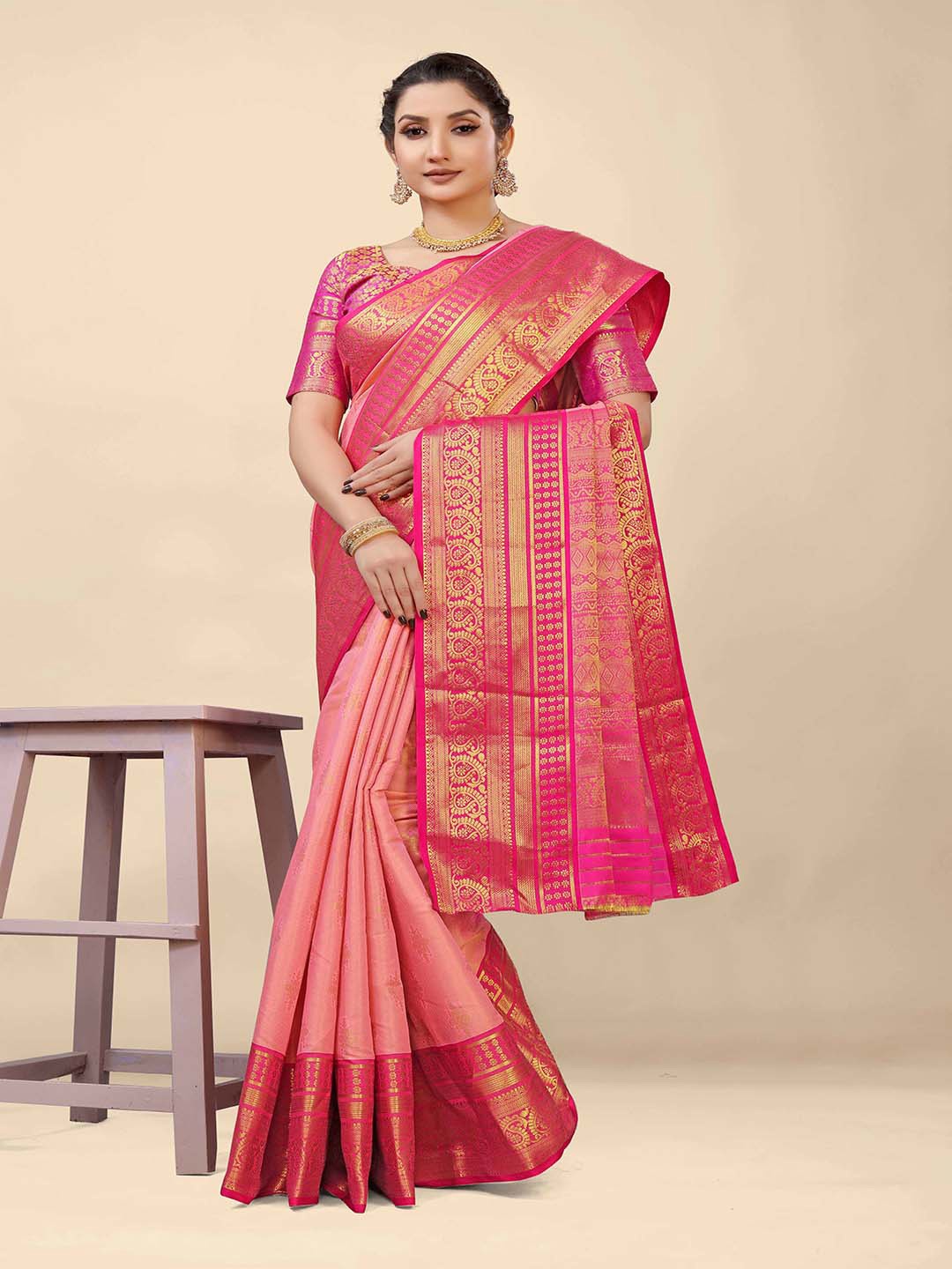 

Mitera Pink & Gold-Toned Woven Design Zari Art Silk Saree