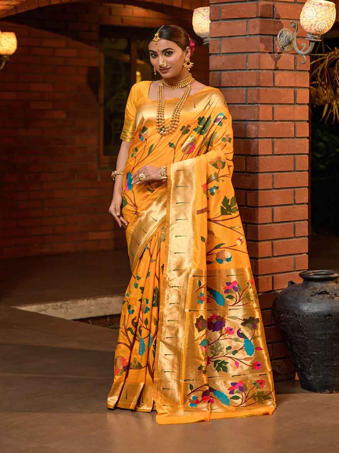 

Mitera Yellow & Gold-Toned Woven Design Zari Art Silk Saree