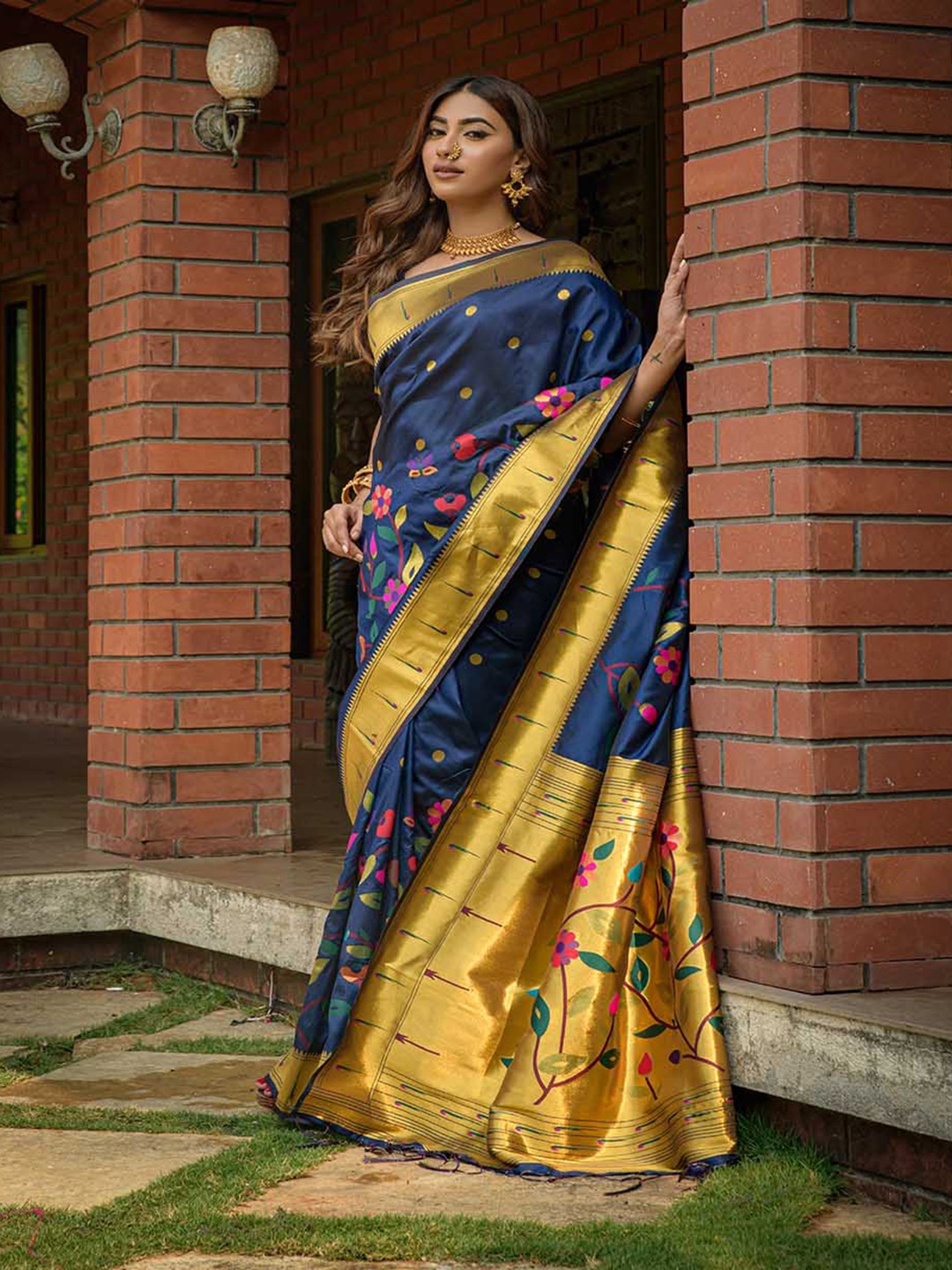 

Mitera Navy Blue & Gold-Toned Woven Design Zari Art Silk Saree