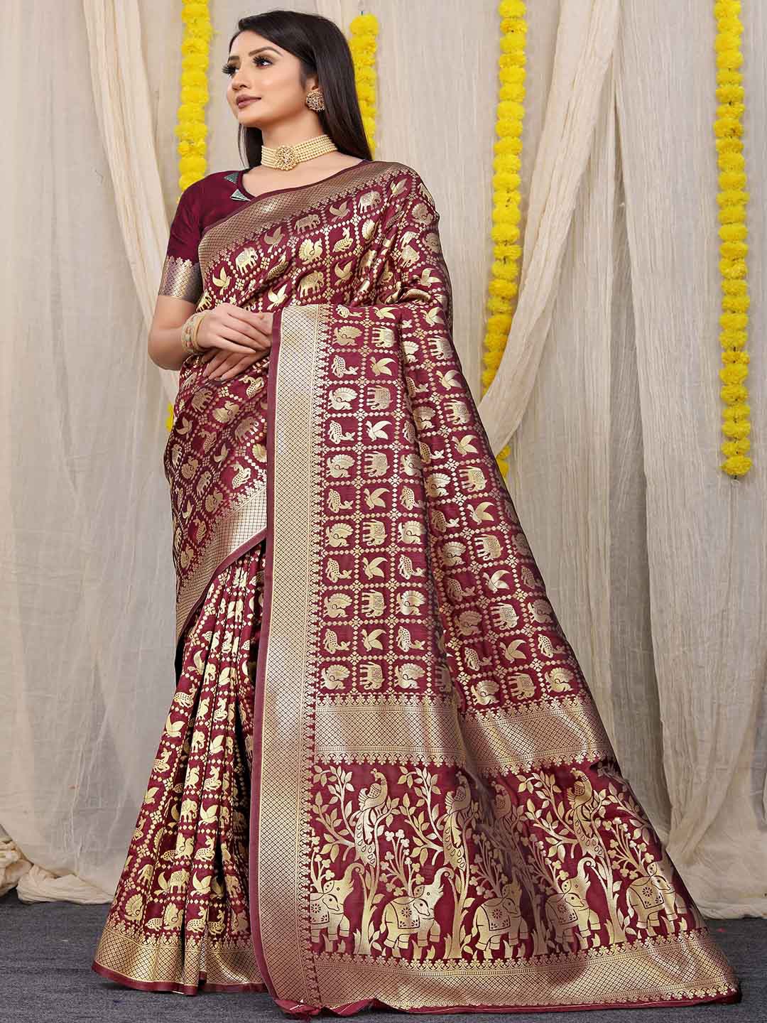 

Mitera Maroon & Gold Ethnic Motifs Woven Design Art Silk Saree