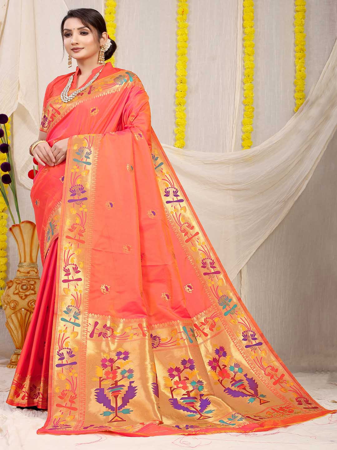 

Mitera Peach-Coloured & Gold-Toned Ethnic Motif Woven Design Zari Saree