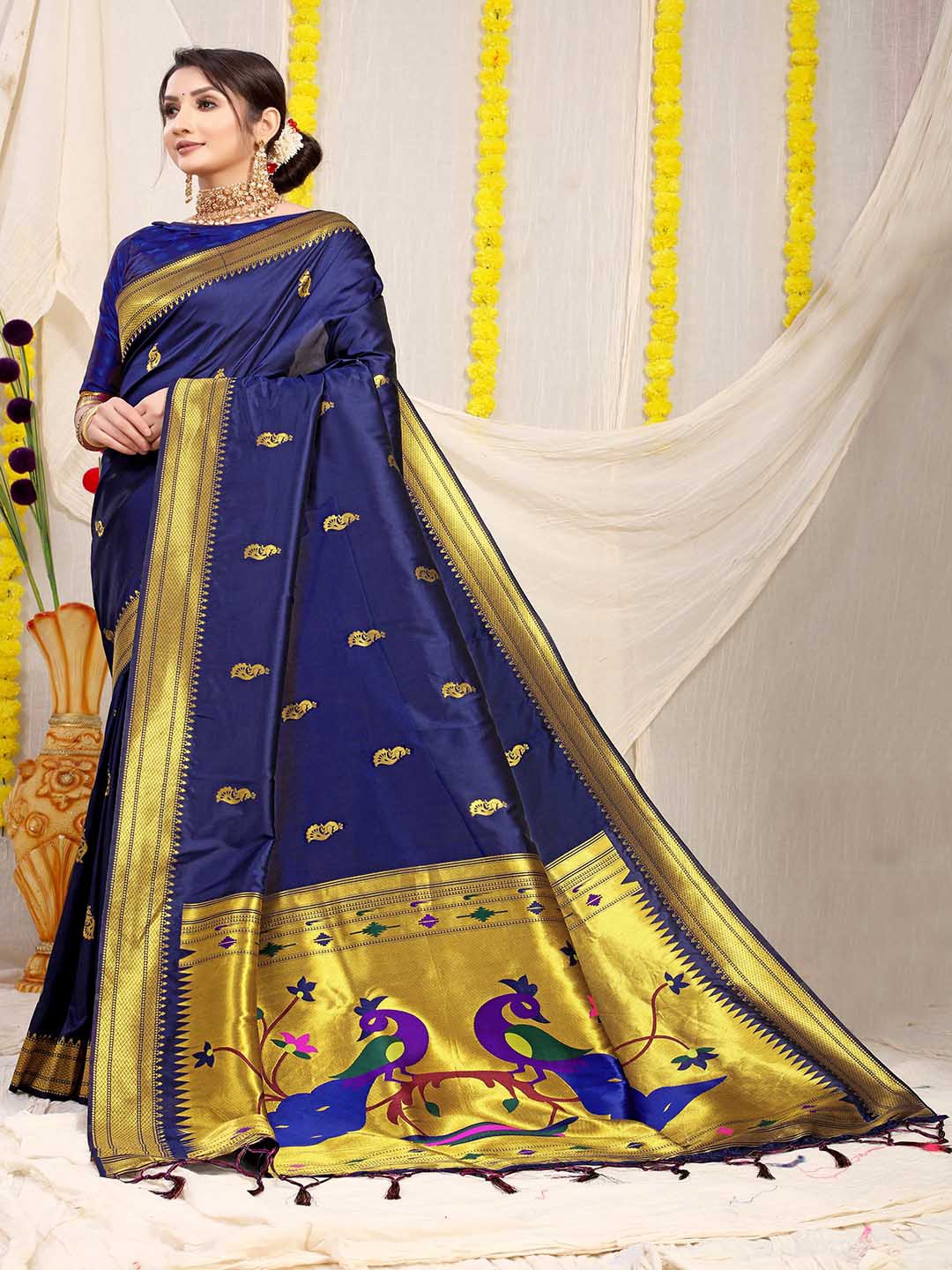 

Mitera Woven Design Zari Ethnic Motifs Art Silk Saree, Navy blue