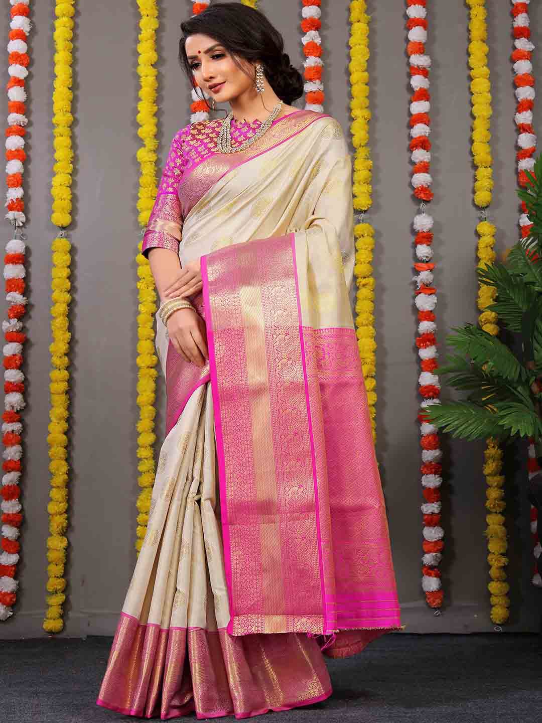 

Mitera Off White & Pink Ethnic Motif Woven Design Saree