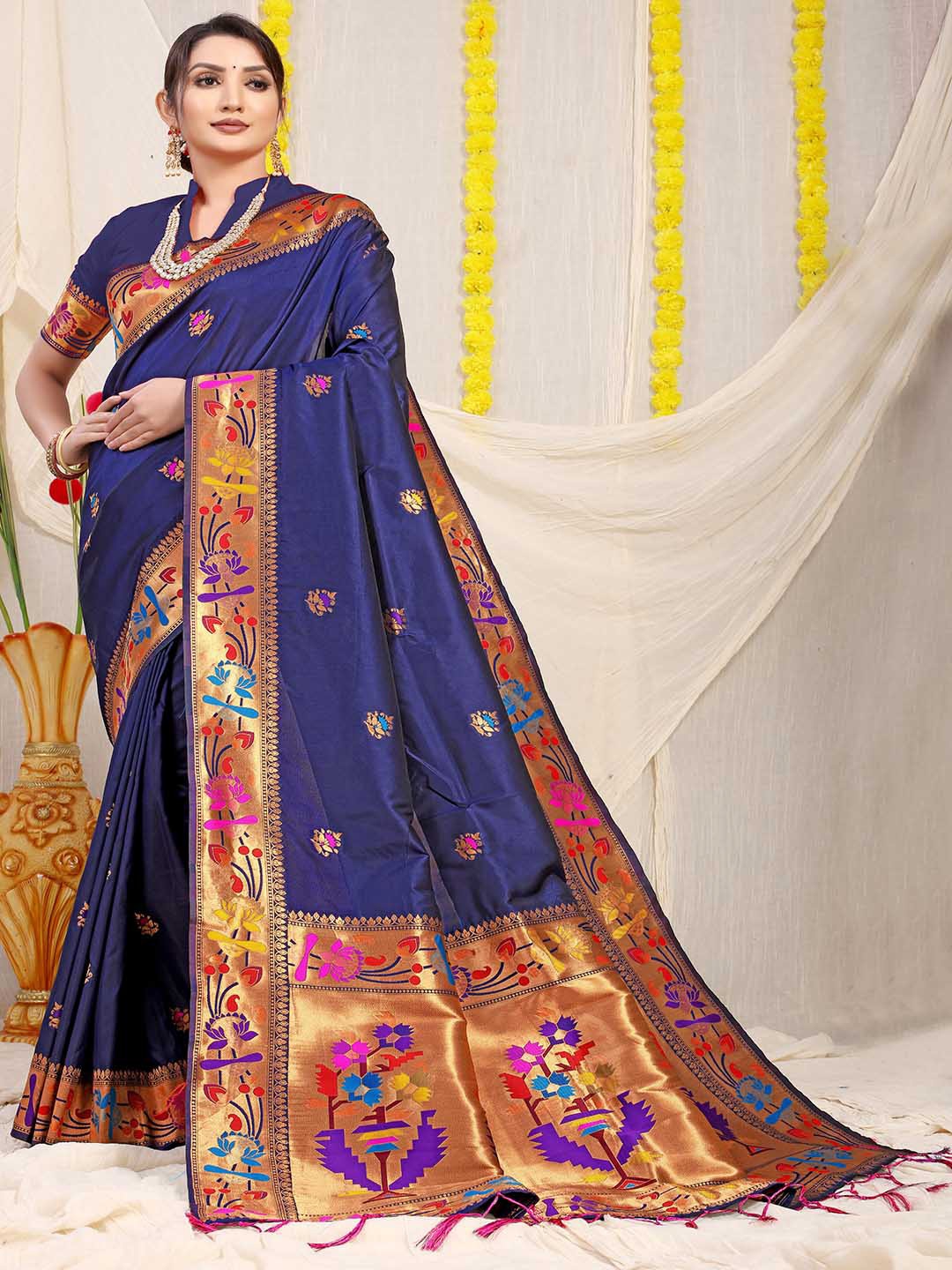 

Mitera Navy Blue & Gold-Toned Ethnic Motifs Woven Design Zari Saree