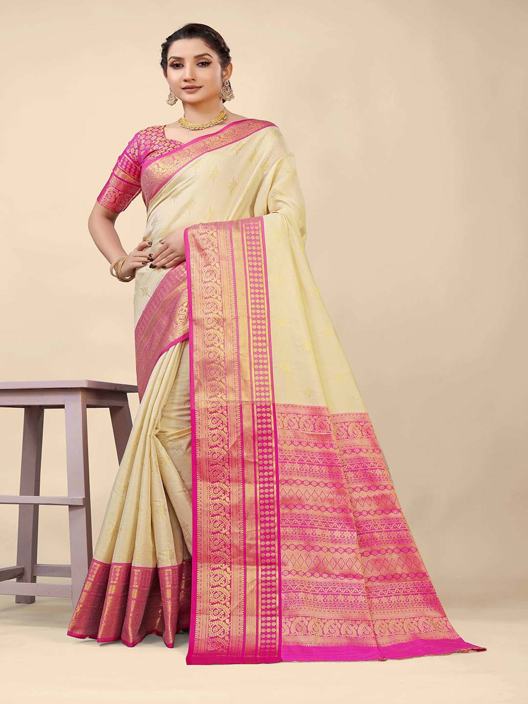 

Mitera Beige & Pink Woven Design Zari Art Silk Saree
