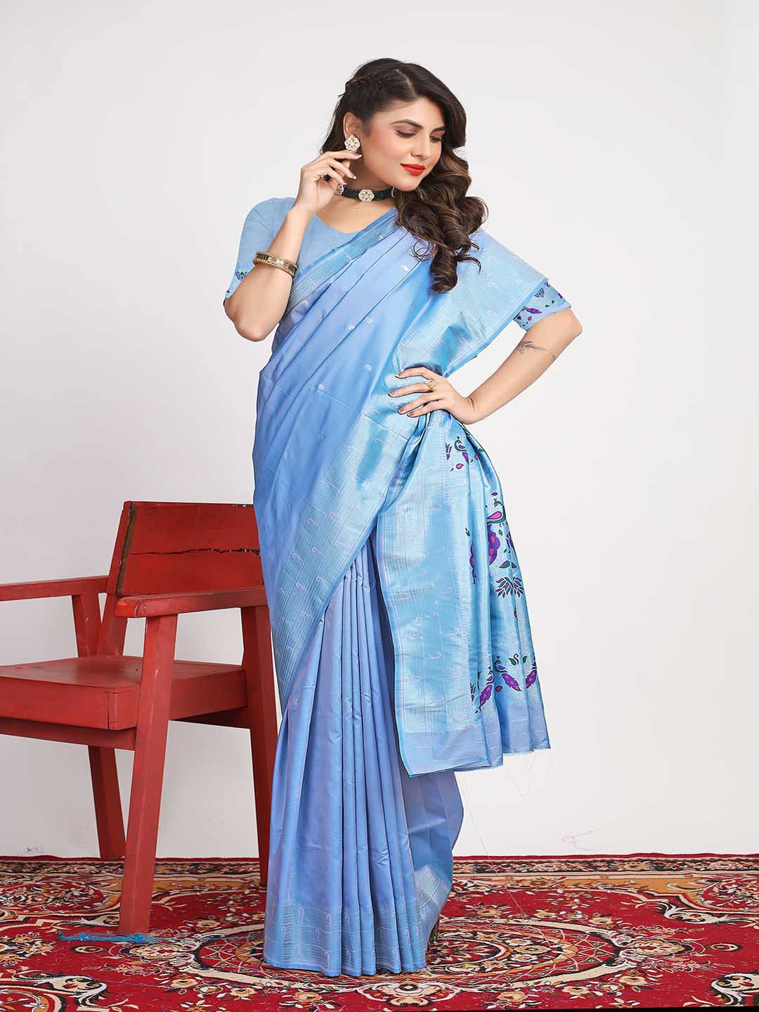 

Mitera Light Blue Ethnic Motifs Printed Art Silk Saree