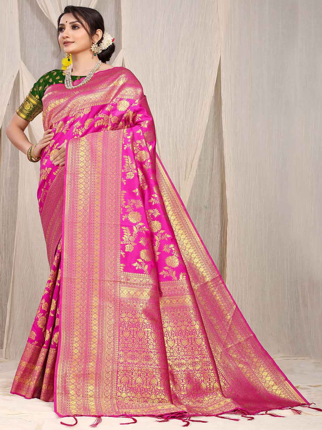 

Mitera Pink & Gold-Toned Woven Design Zari Art Silk Saree