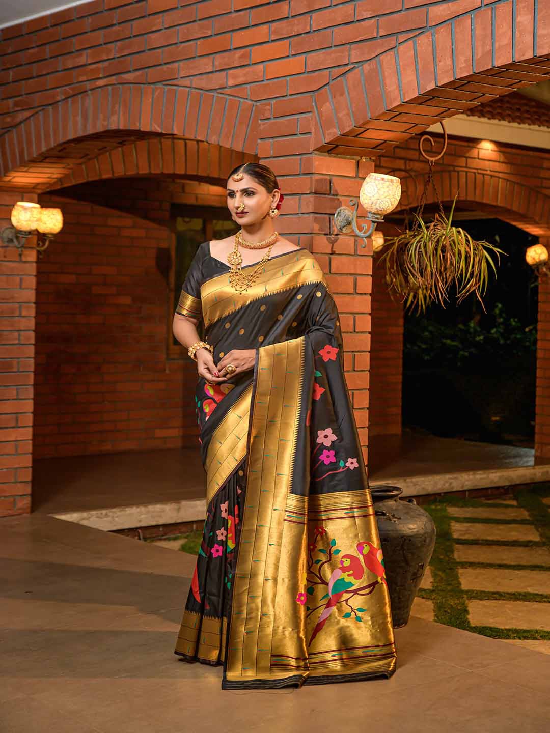 

Mitera Black & Gold-Toned Woven Design Zari Art Silk Saree