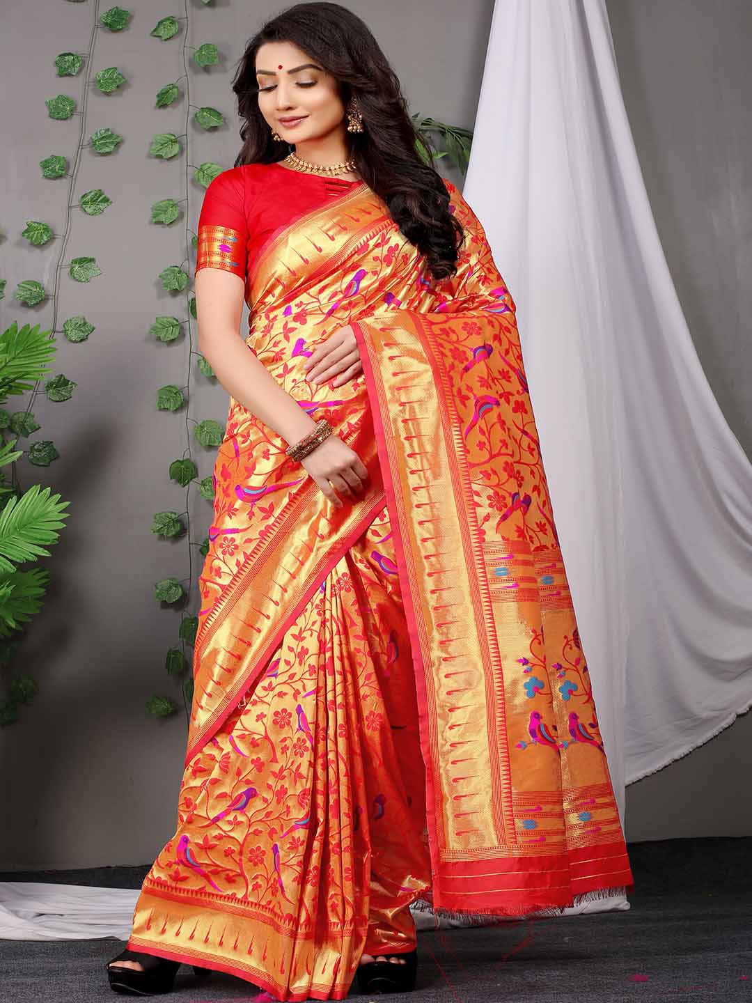 

Mitera Gold-Toned & Red Woven Design Zari Art Silk Saree