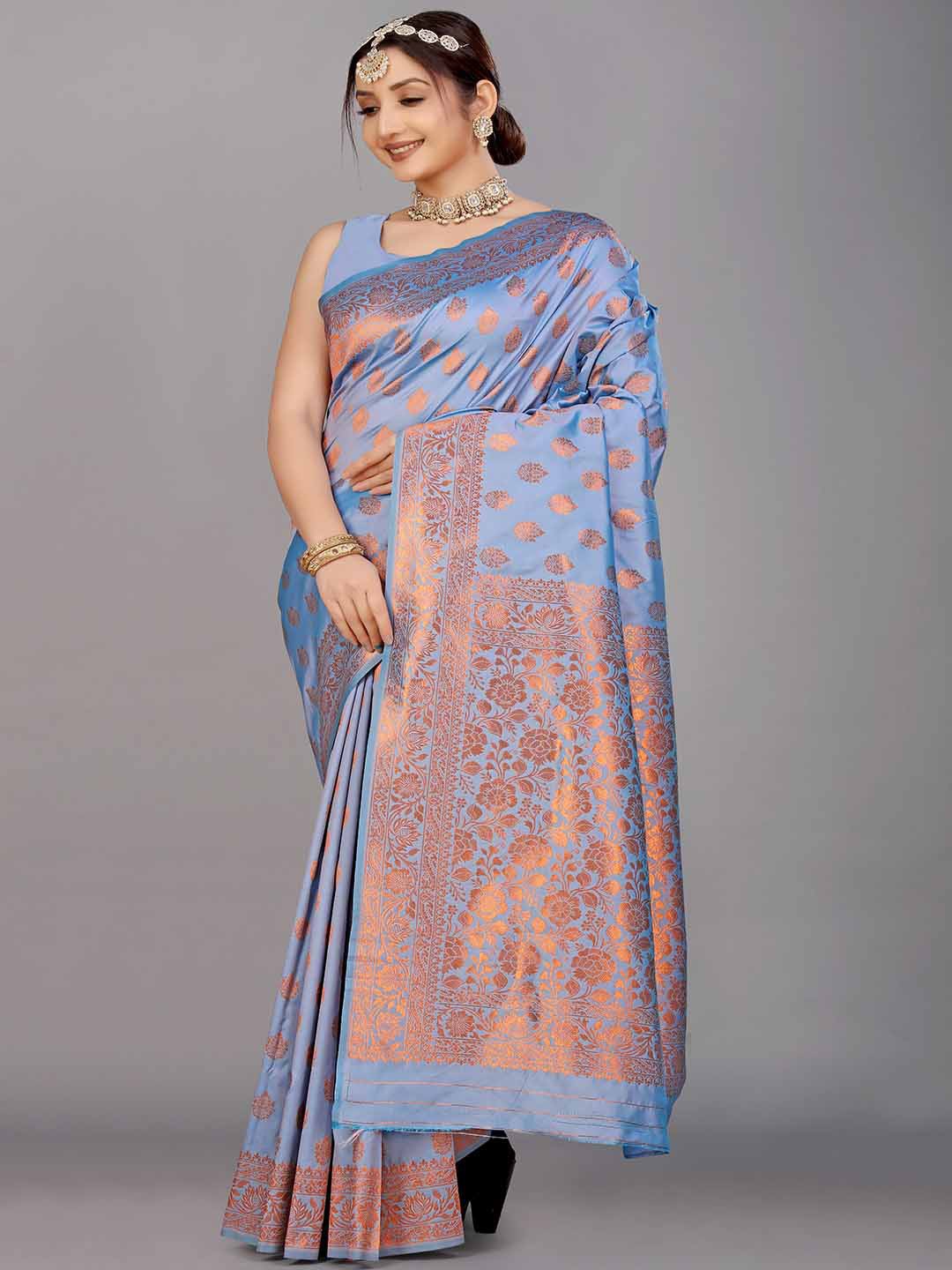 

Mitera Light Blue Ethnic Motifs Woven Design Zari Saree
