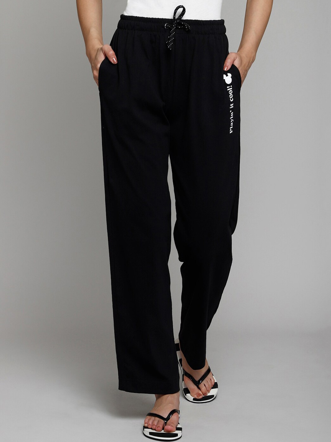 Free Authority Women Mickey & Friends Printed Cotton Lounge Pants, Black