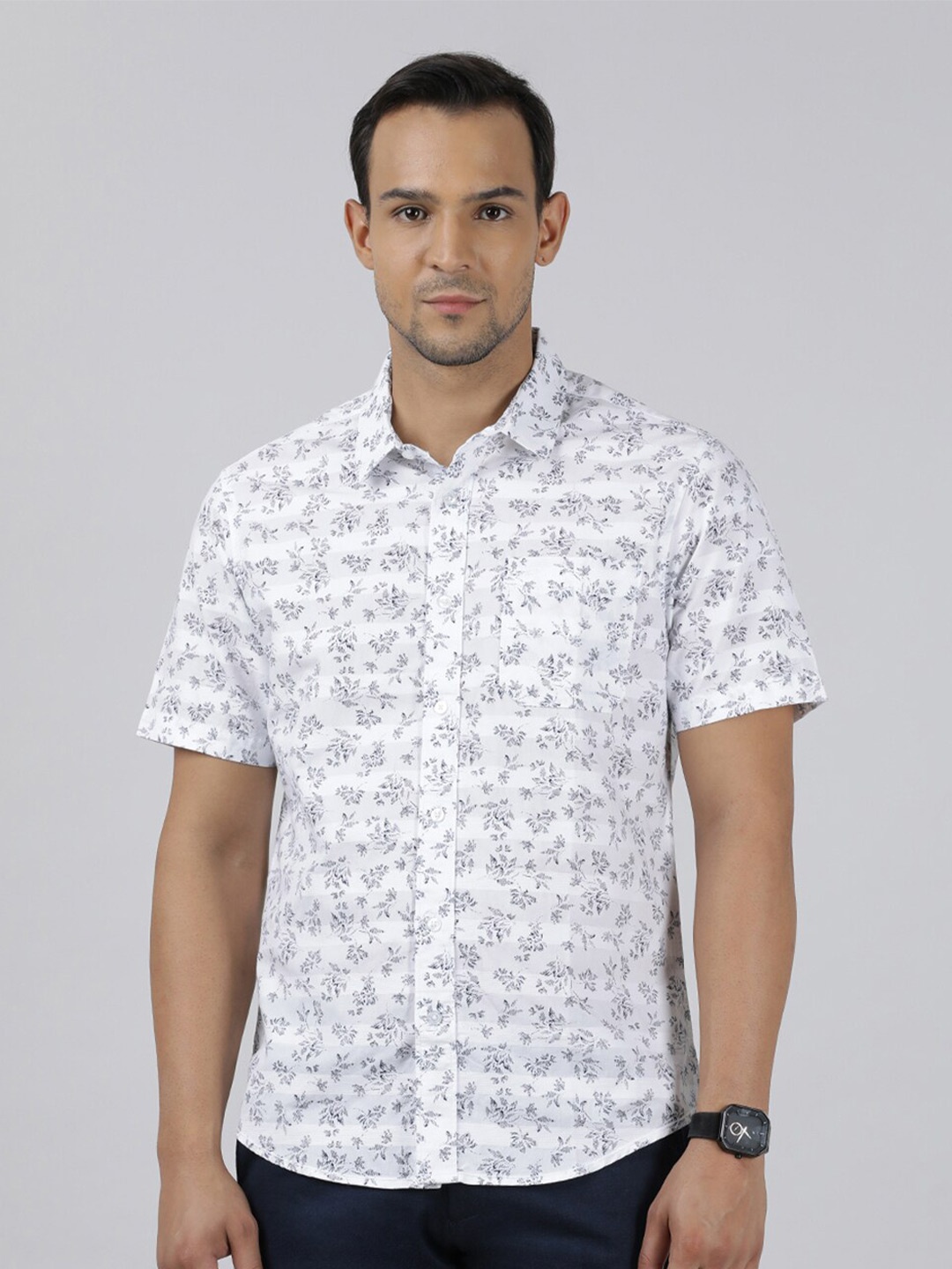 Crocodile Floral Printed Comfort Cotton Casual Shirt, White