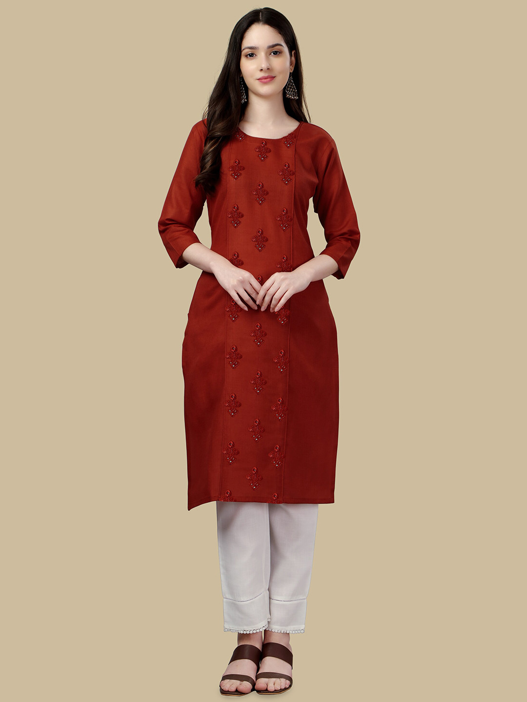 

BAPS Ethnic Motifs Embroidered Pure Cotton Straight Kurta, Rust