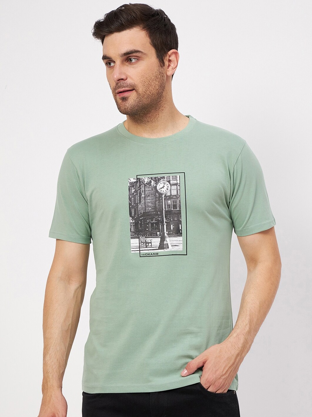 

Okane Men Green Graphic Printed Regular Fit Cotton T-shirt