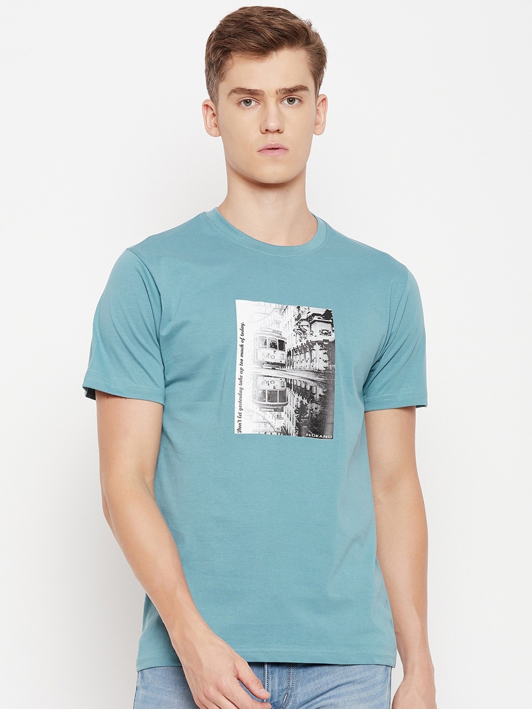 

Okane Graphic Printed Cotton Casual T-shirt, Teal