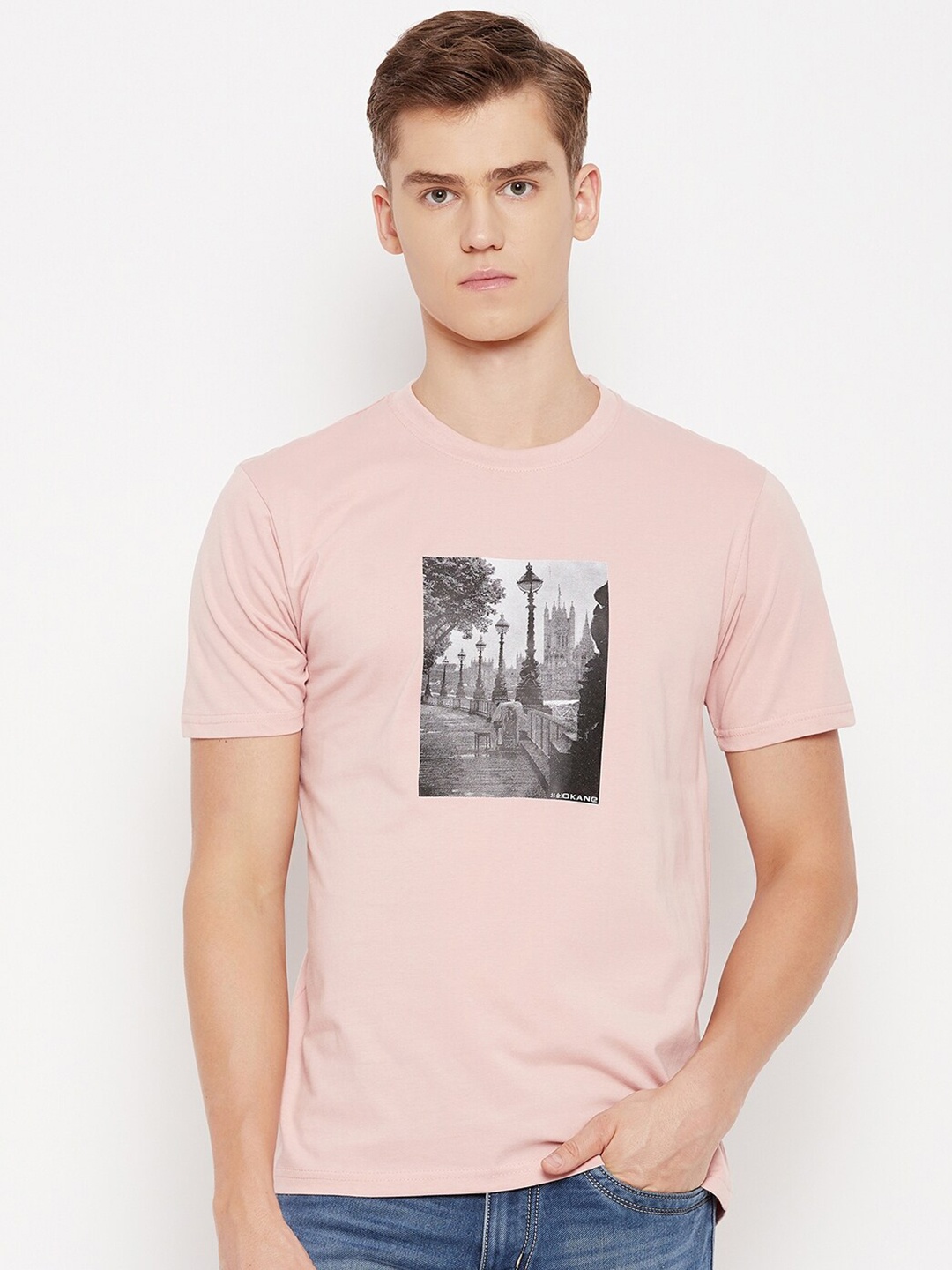 

Okane Graphic Printed Cotton Casual T-shirt, Pink