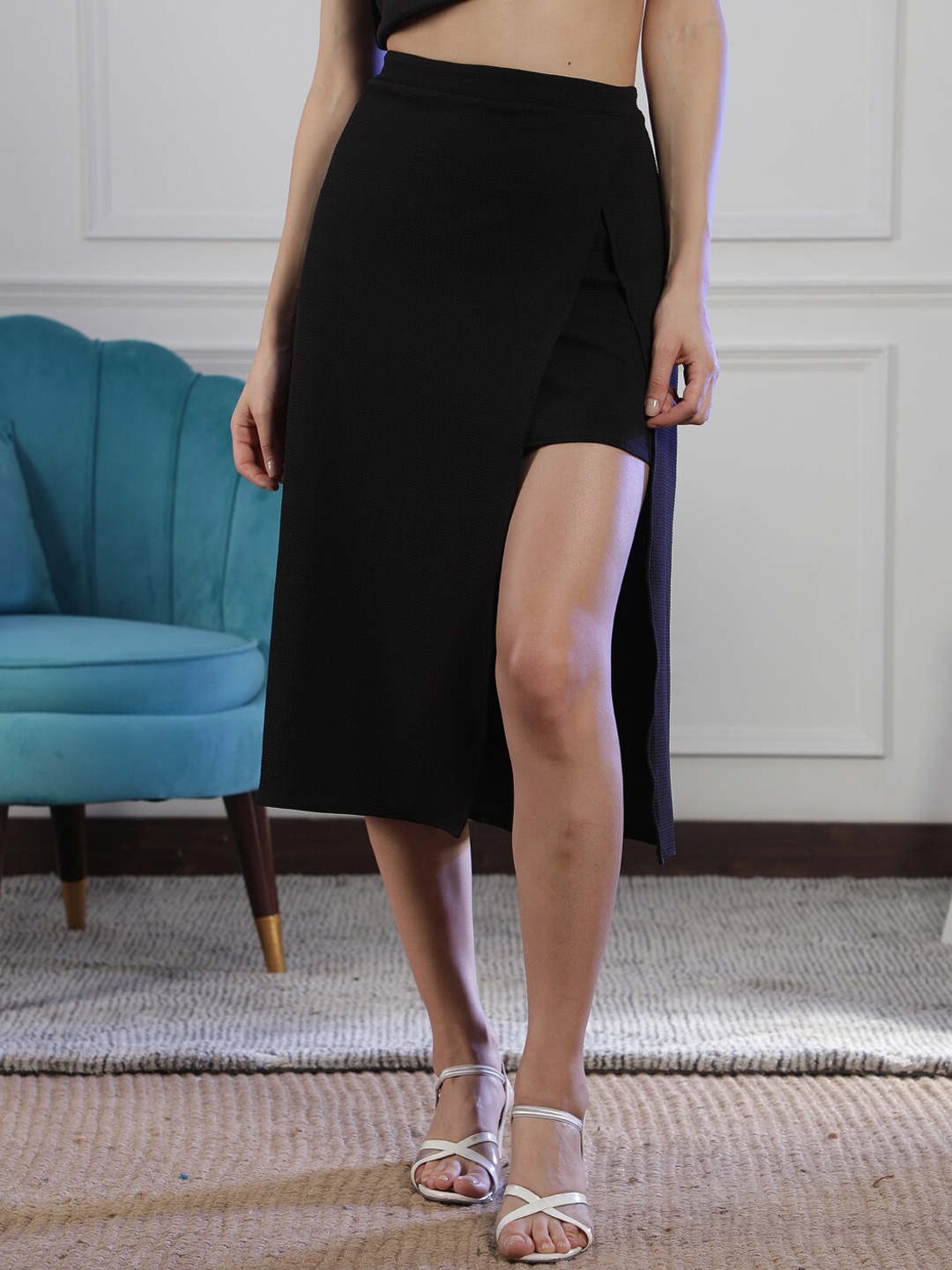 

NEUDIS Women Black Polyester Lycra Side Slit Pencil Skirt