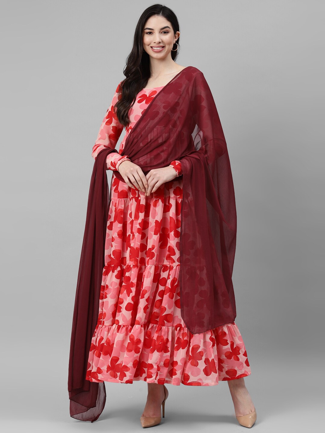 

DEEBACO Floral Printed Georgette Ethnic Dress With Dupatta, Red