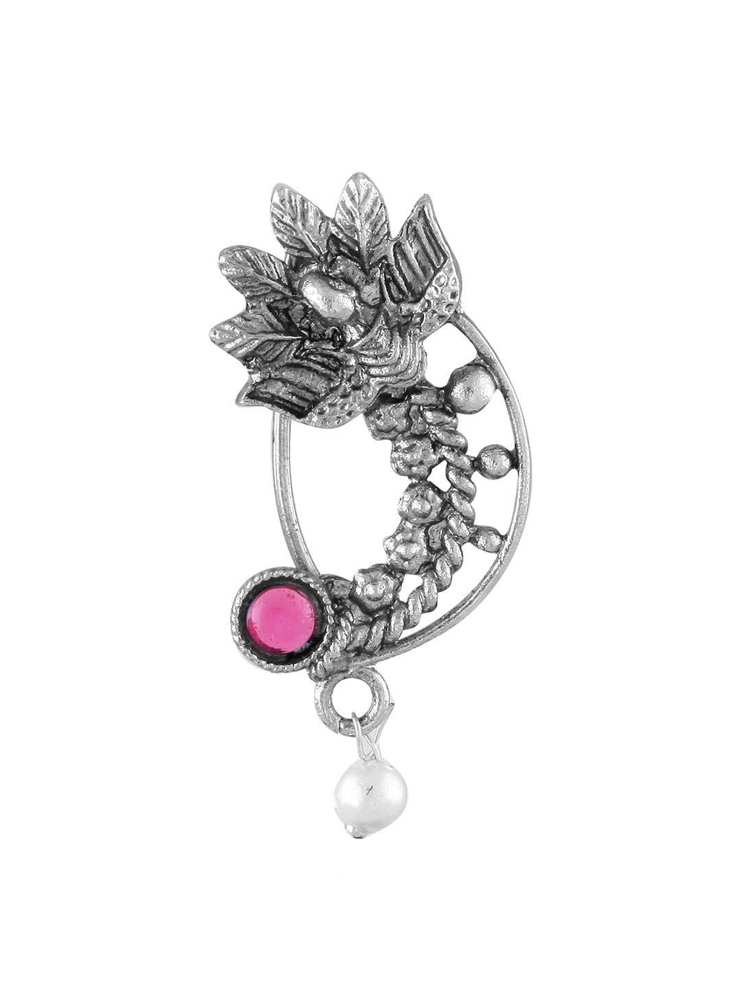 

Vighnaharta Rhodium-Plated Stone Studded and Beaded Maharashtrian Nath Nathiya Nose Pin, Silver