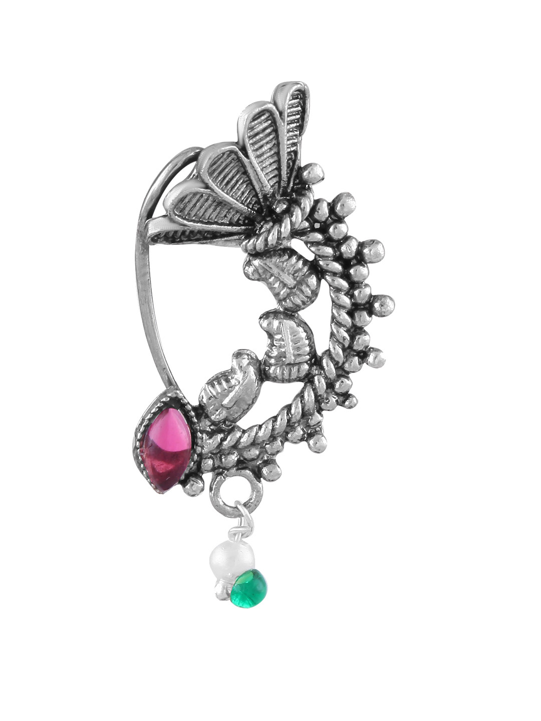 

Vighnaharta Rhodium-Plated Stone Studded & Beaded Maharashtrian Nathiya Nose Pin, Silver
