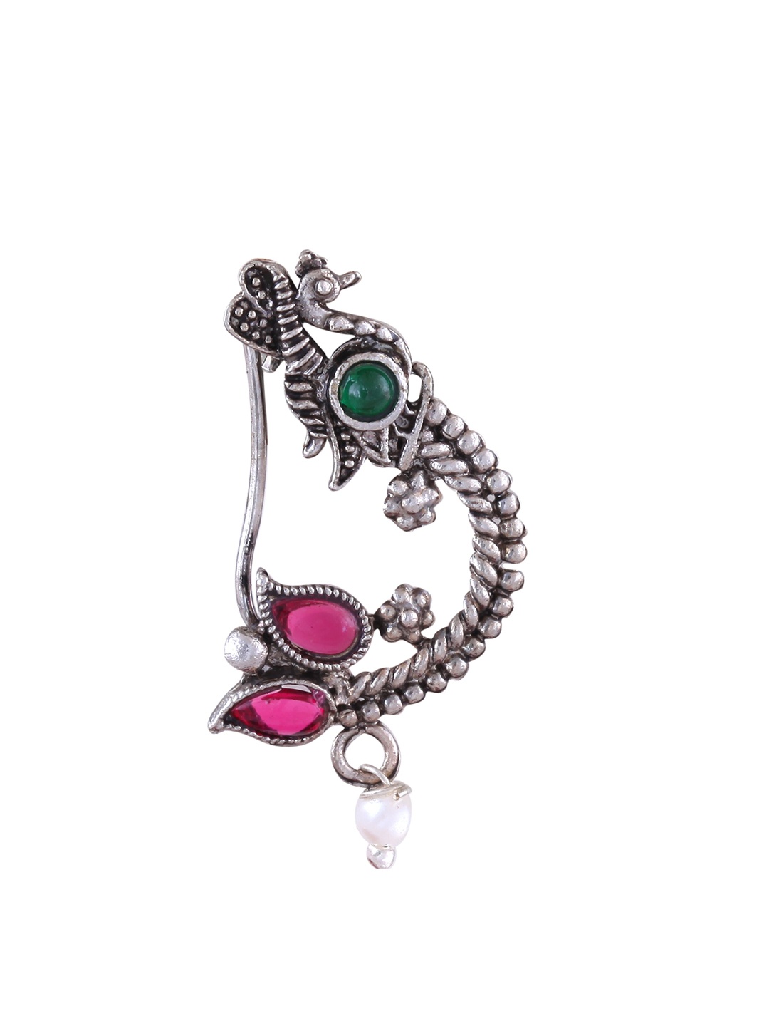 

Vighnaharta Rhodium-Plated Stone Studded Beaded Maharashtrian Nosepin, Silver