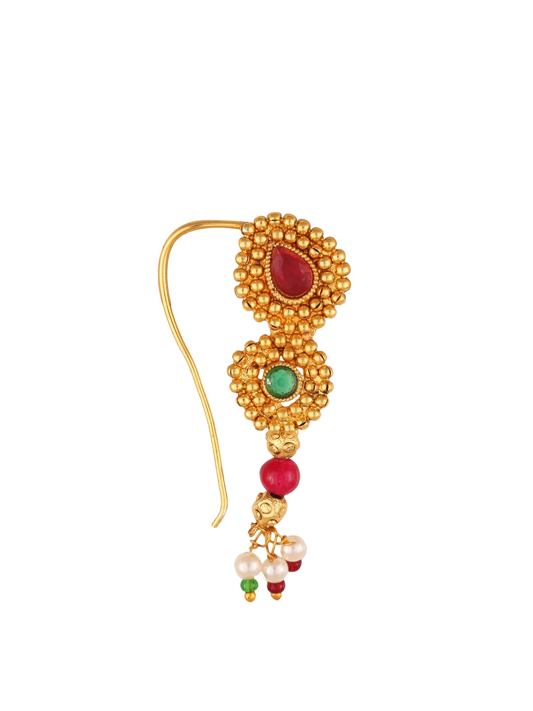 

Vighnaharta Gold-Plated Cubic Zirconia Stone & Beads Piercing Maharashtrian Nath Nosepin