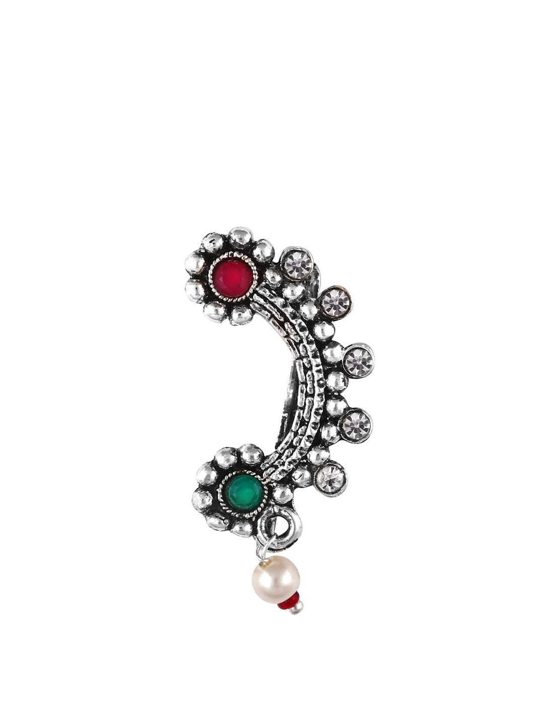 

Vighnaharta Oxidised Artificial Stones Sudded Maharashtrian Nath Nosepin, Silver
