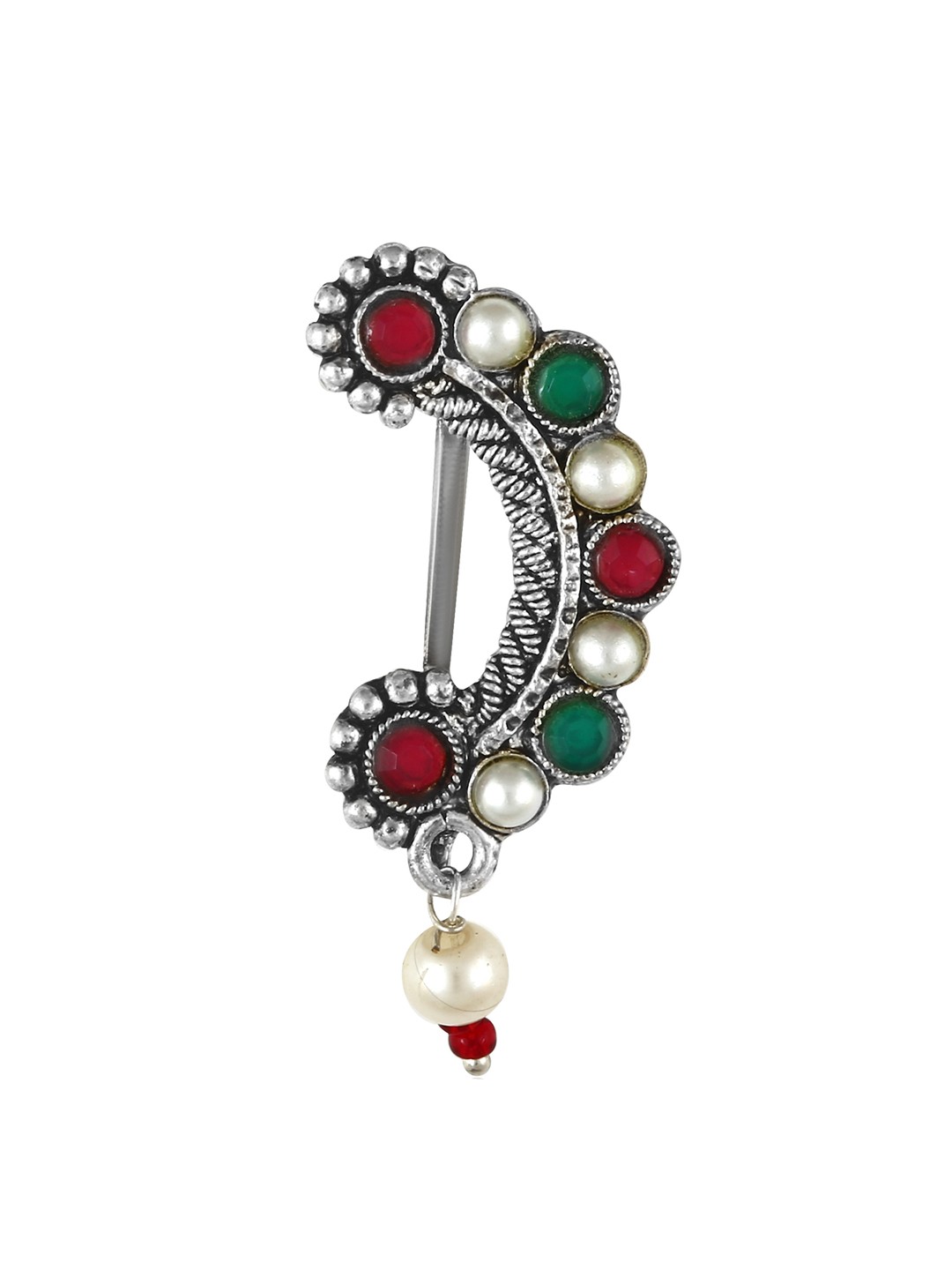 

Vighnaharta Rhodium-Plated Oxidised Beaded Maharashtrian Nath Nathiya, Silver