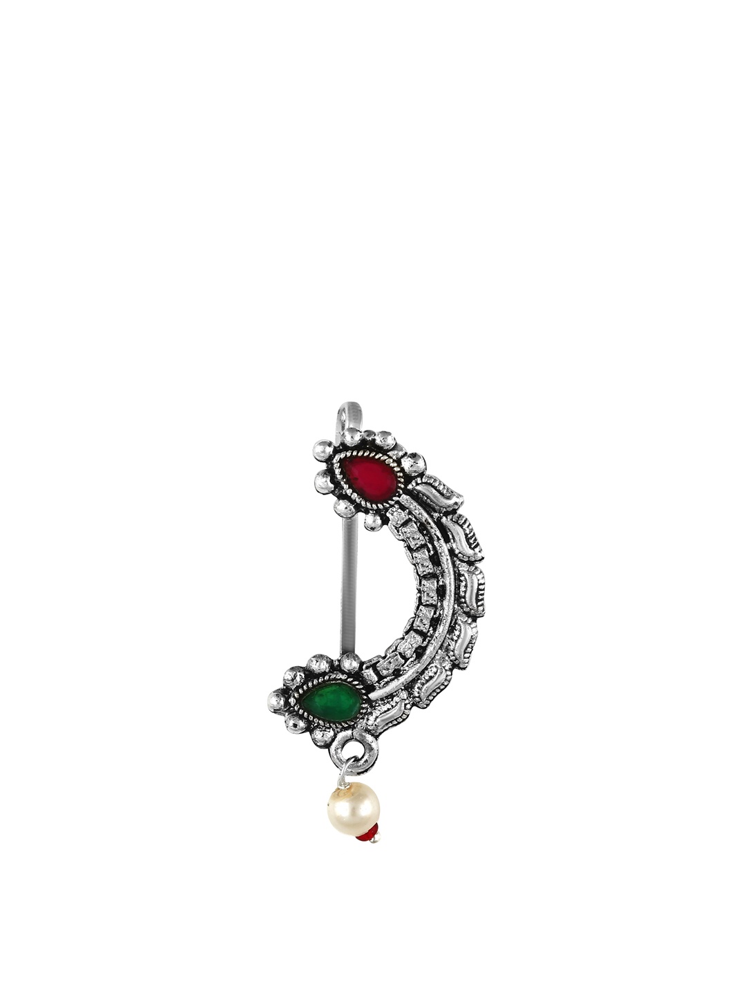

Vighnaharta Rhodium-Plated Stone Studded Maharashtrian Nosepin, Silver