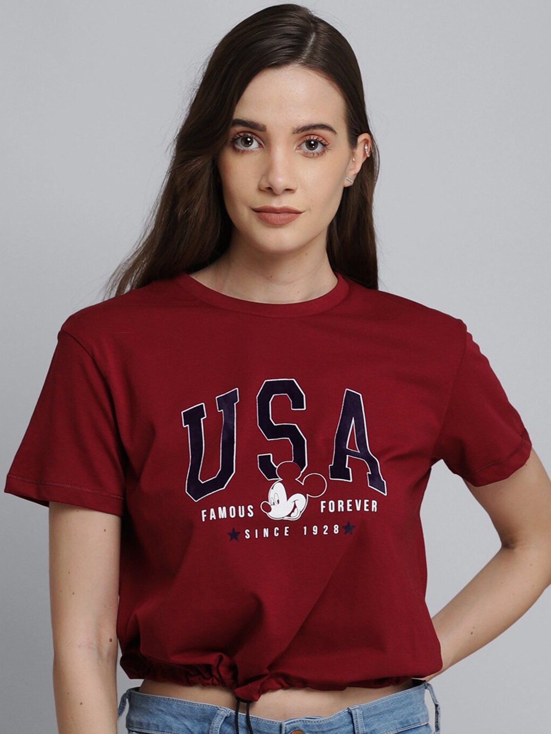 

Free Authority Mickey Mouse Printed Cotton Crop T-shirt, Maroon