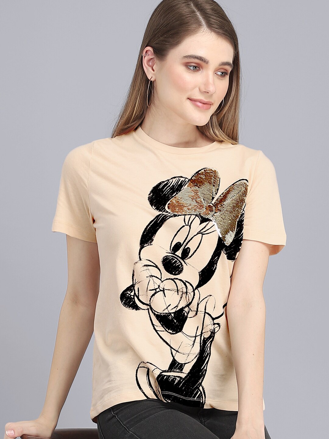 

Free Authority Humour and Comic Mickey Mouse Graphic Printed Cotton T-Shirt, Beige