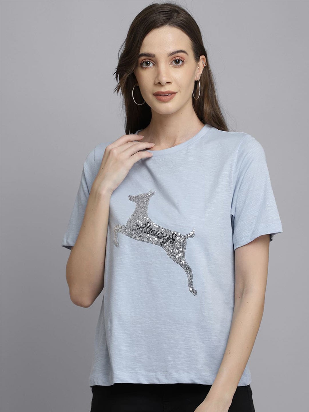 

Free Authority Round Neck Cotton Applique T-Shirt, Blue