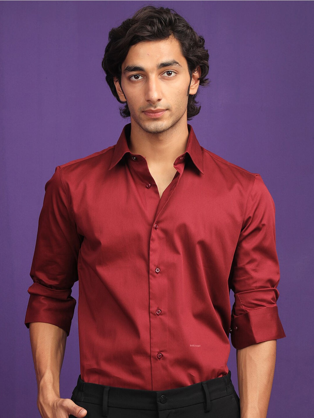 

RARE RABBIT Men Melton Slim Fit Cotton Shirt, Maroon