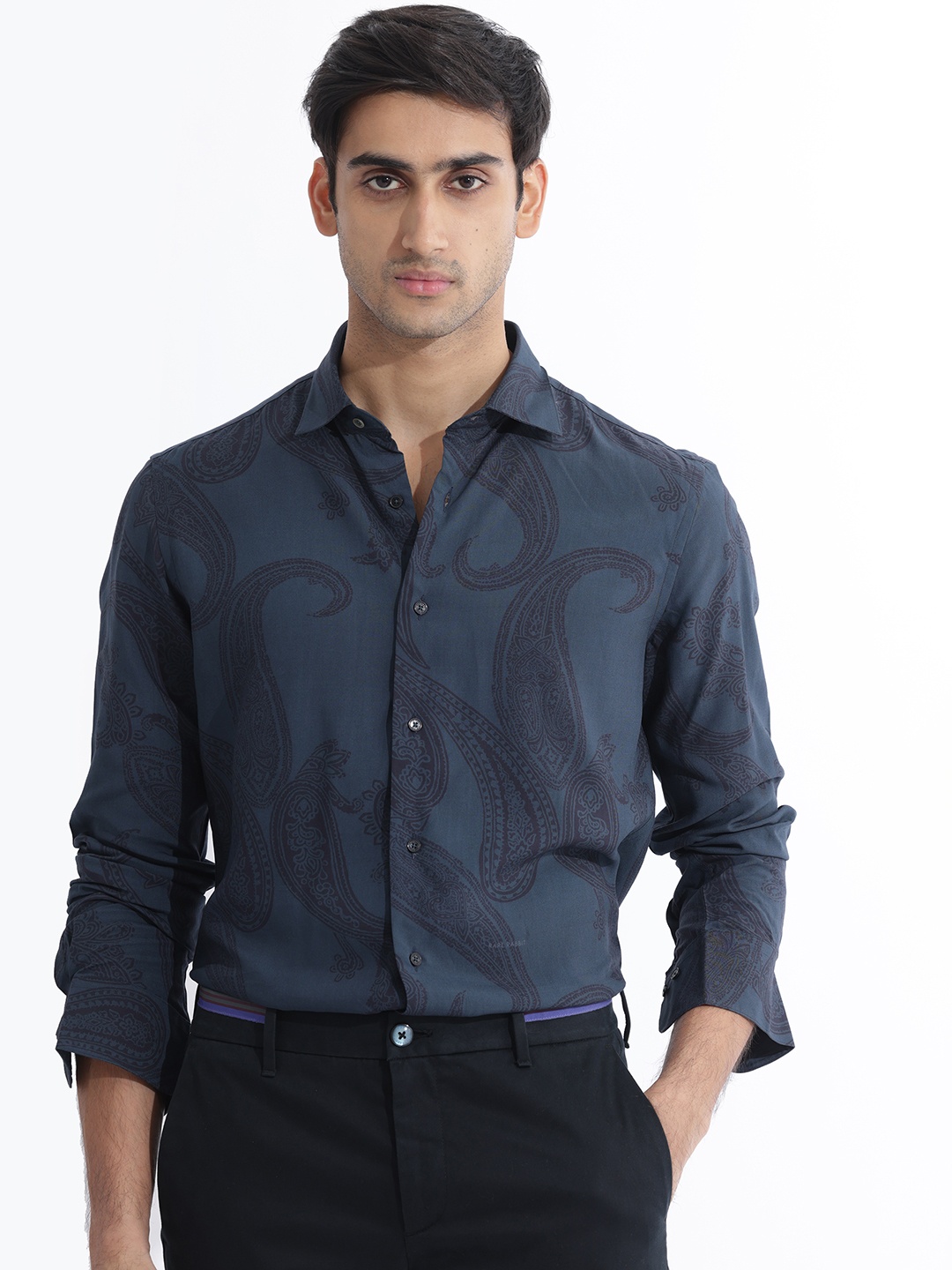 

RARE RABBIT Men Hera Slim Fit Paisley Printed Formal Shirt, Navy blue