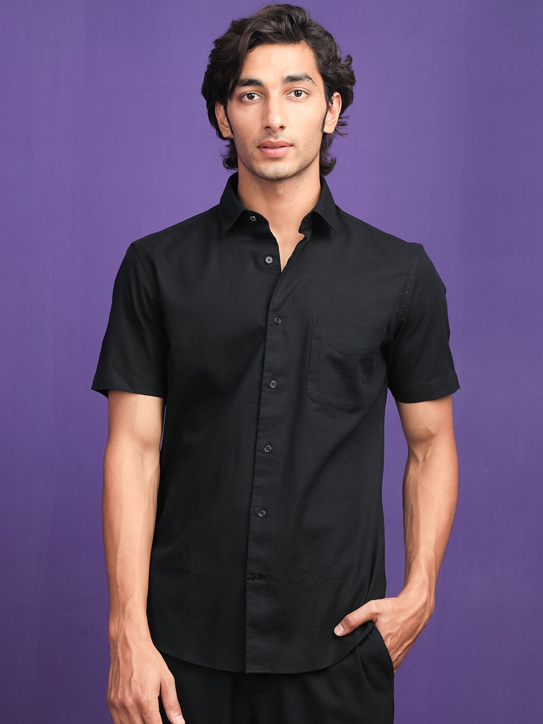 

RARE RABBIT Men Darwin Slim Fit Opaque Cotton Shirt, Black