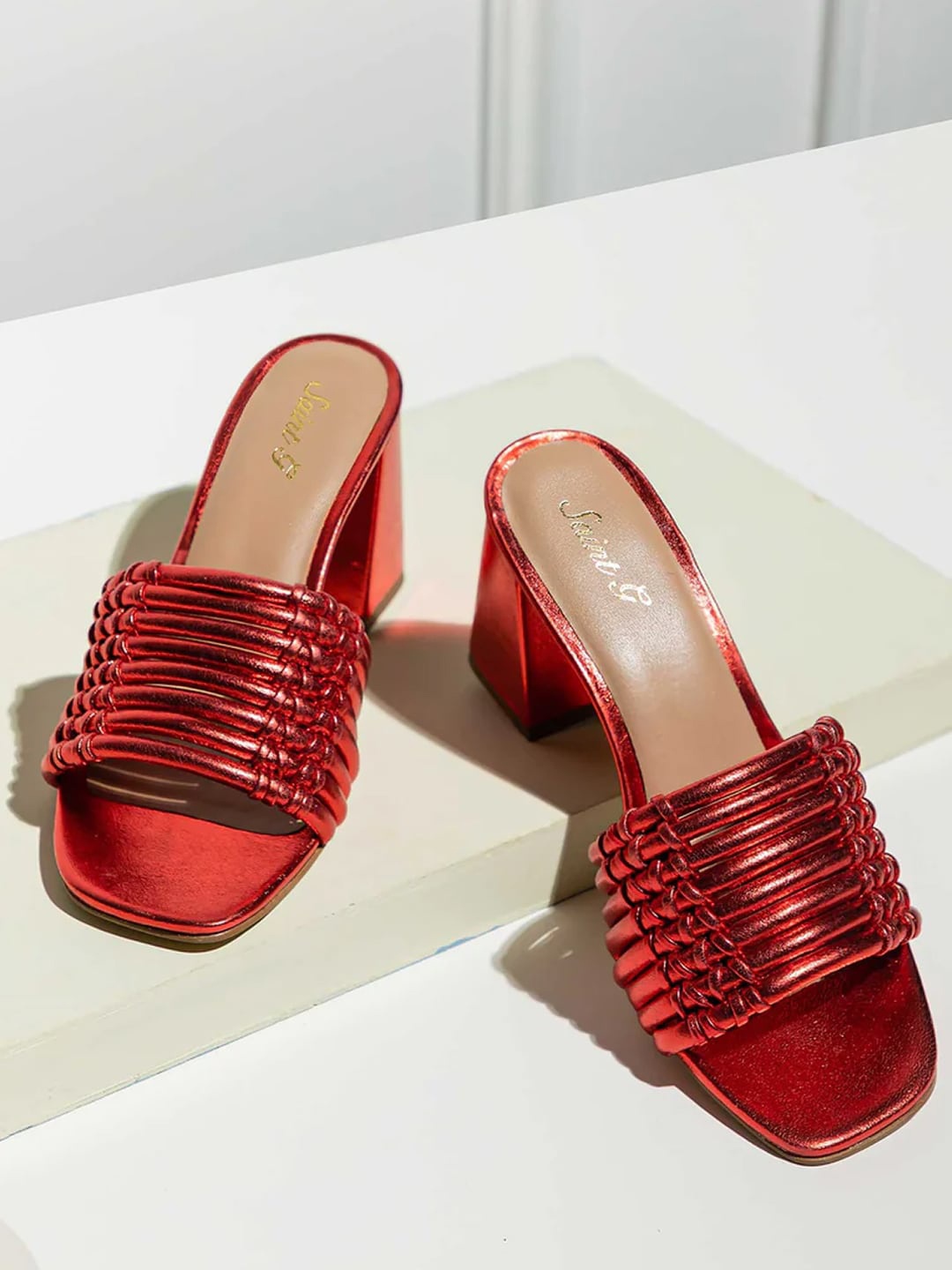 

Saint G Red Textured Leather Block Heels