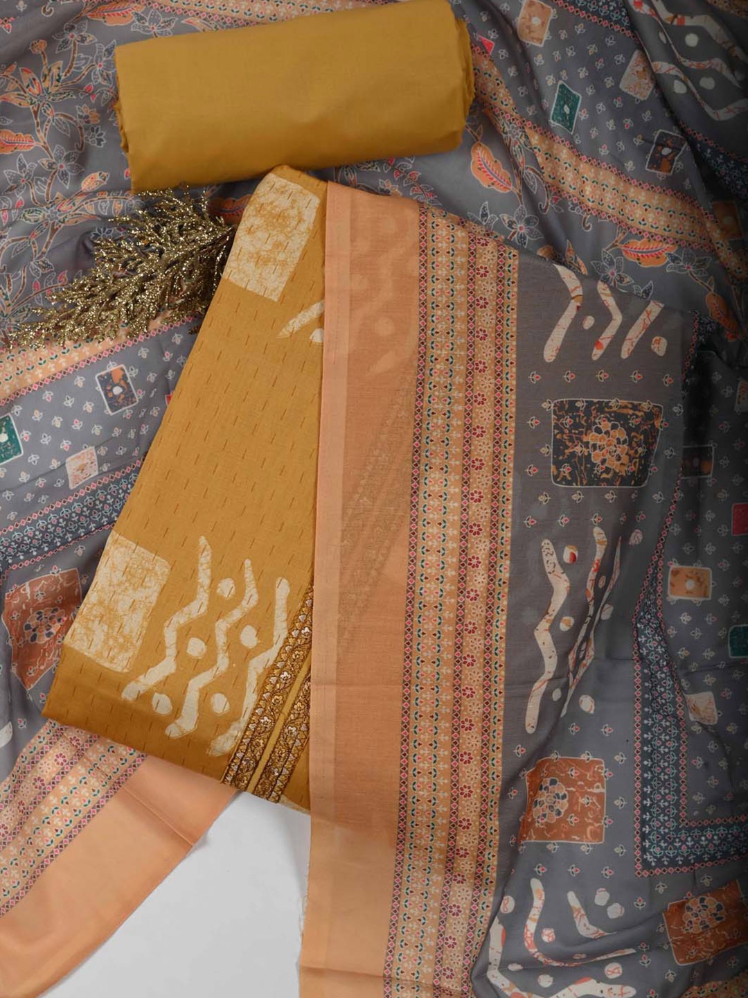 

Meena Bazaar Ethnic Motifs Printed Unstitched Dress Material, Mustard