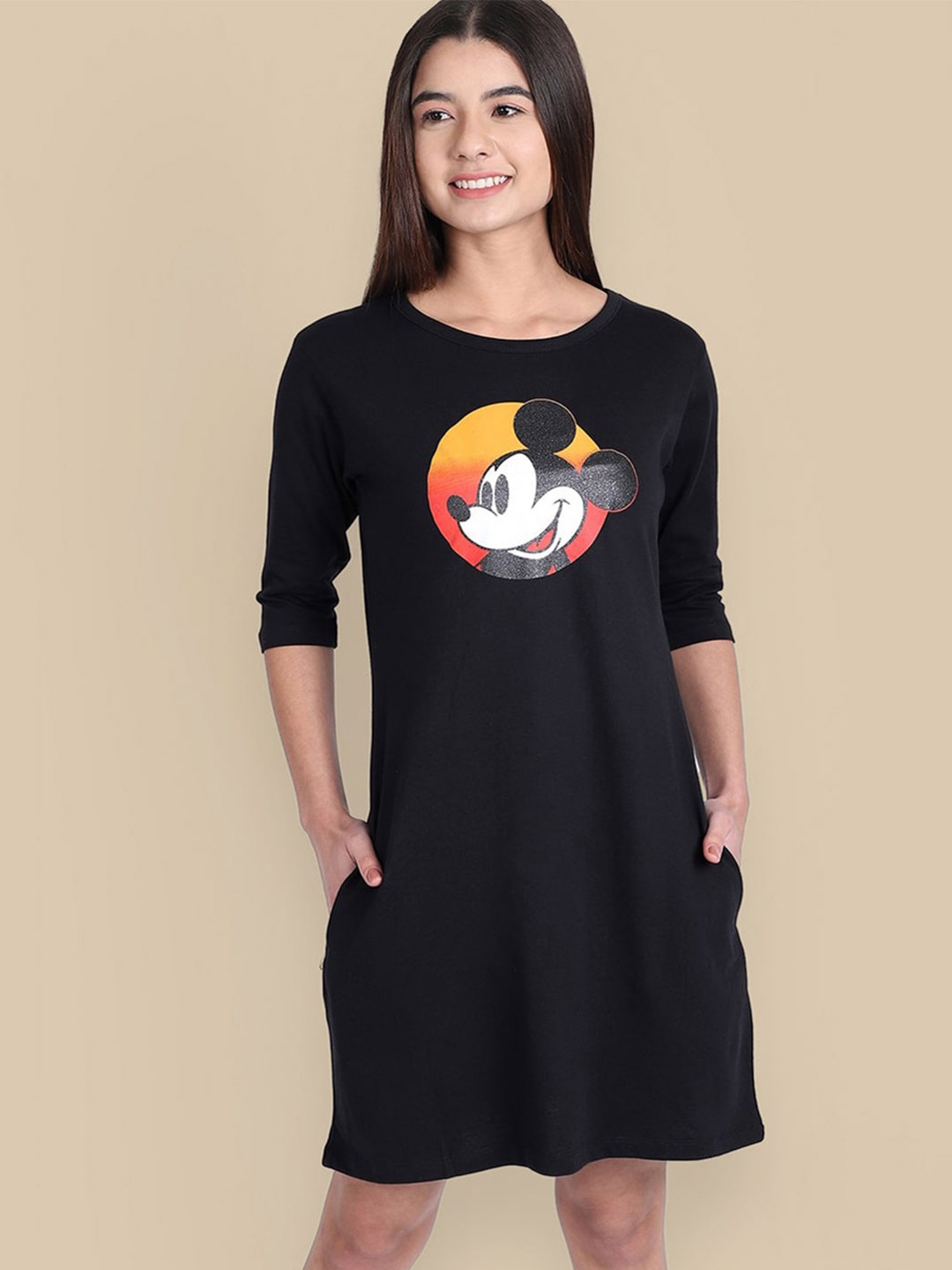 

Free Authority Mickey & Friends Printed Cotton T-Shirt Dress, Black