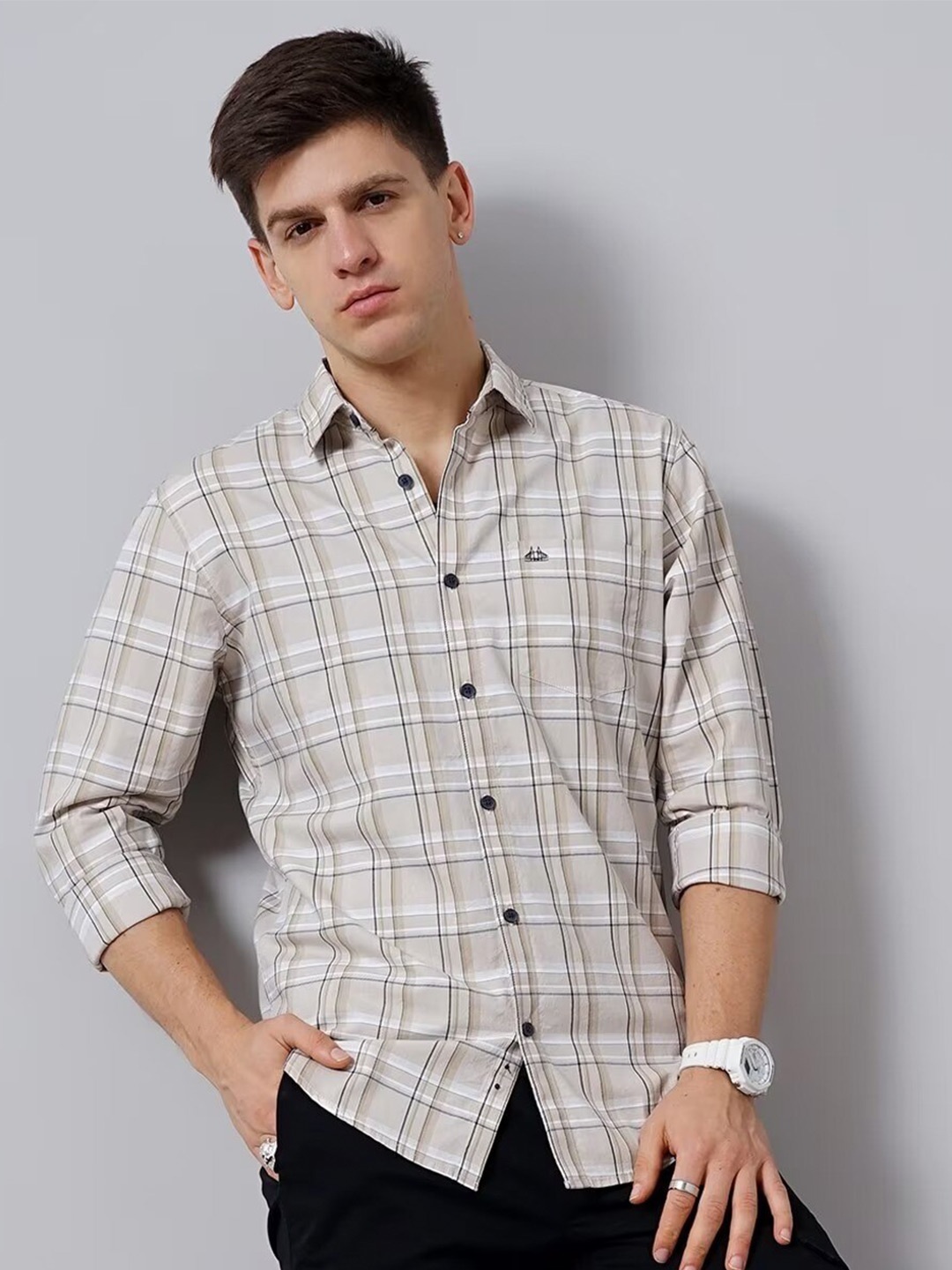 

British Club Smart Slim Fit Tartan Checked Pure Cotton Casual Shirt, Beige