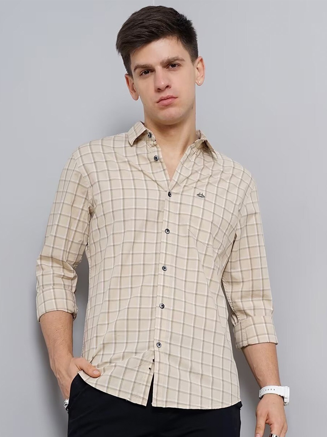 

British Club Checked Smart Slim Fit Opaque Pure Cotton Casual Shirt, Beige