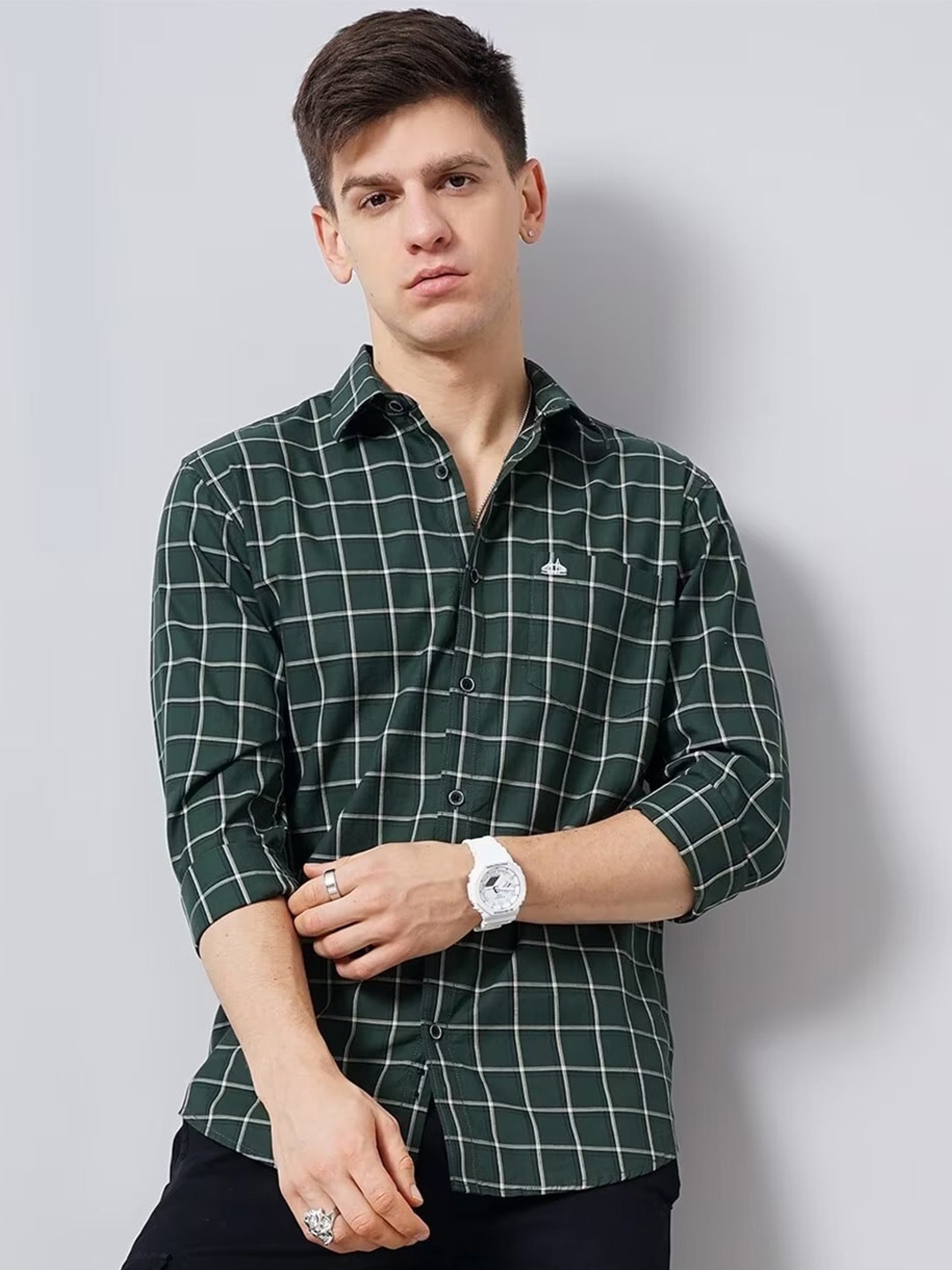 

British Club Smart Slim Fit Checked Pure Cotton Casual Shirt, Olive