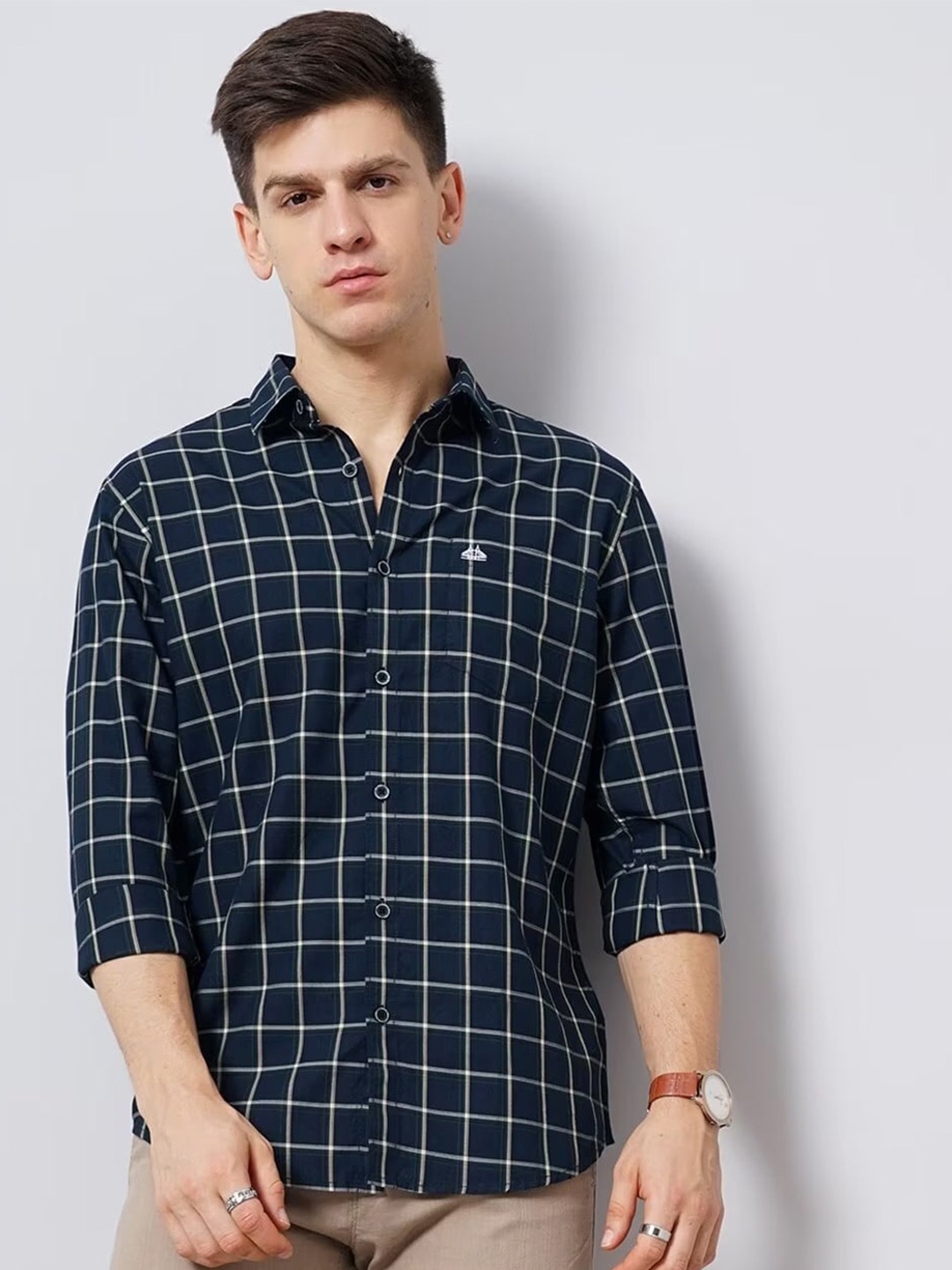 

British Club Smart Slim Fit Windowpane Checked Pure Cotton Casual Shirt, Navy blue