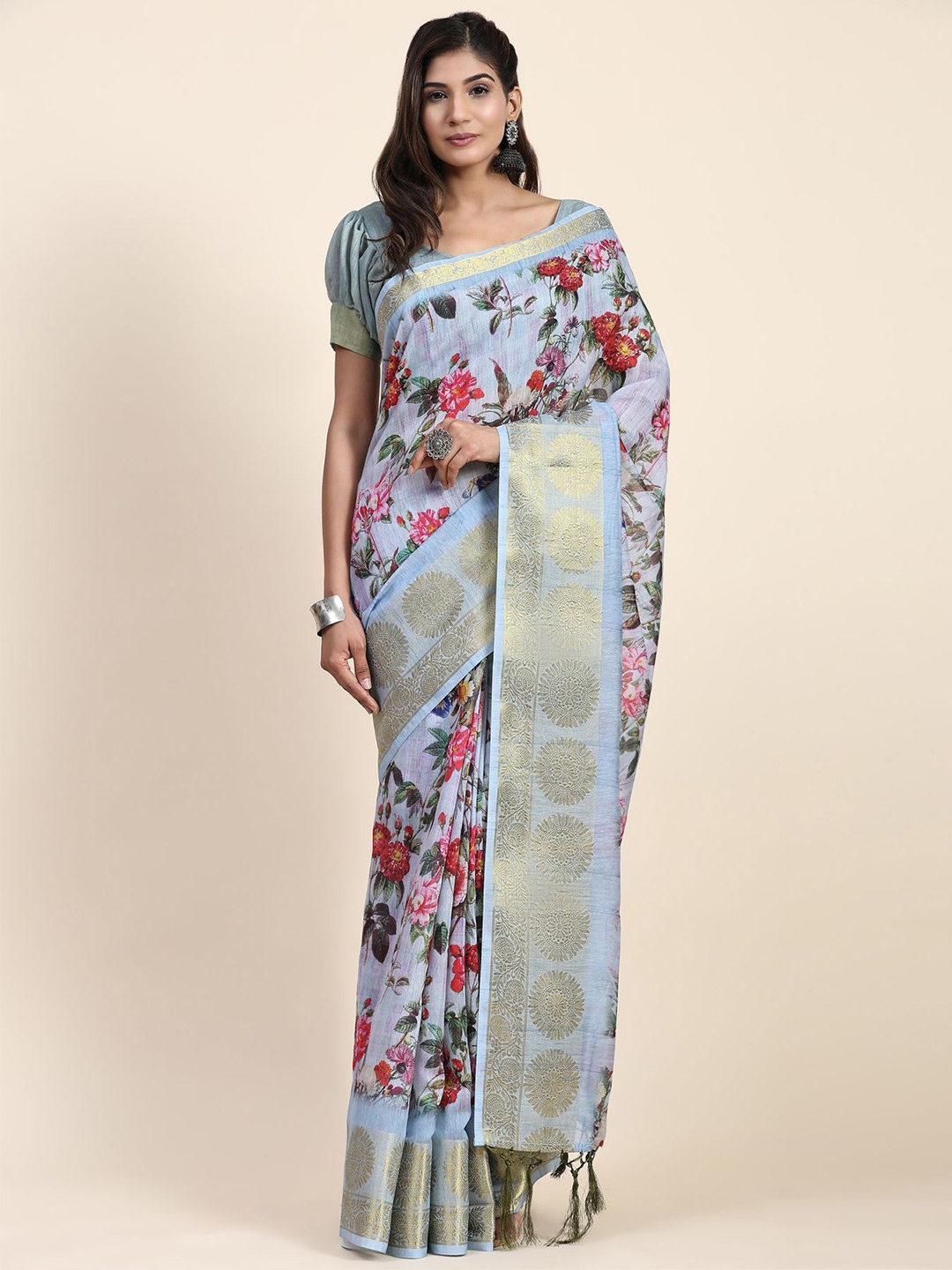 RACHNA Floral Zari Khandua Silk Saree, Blue
