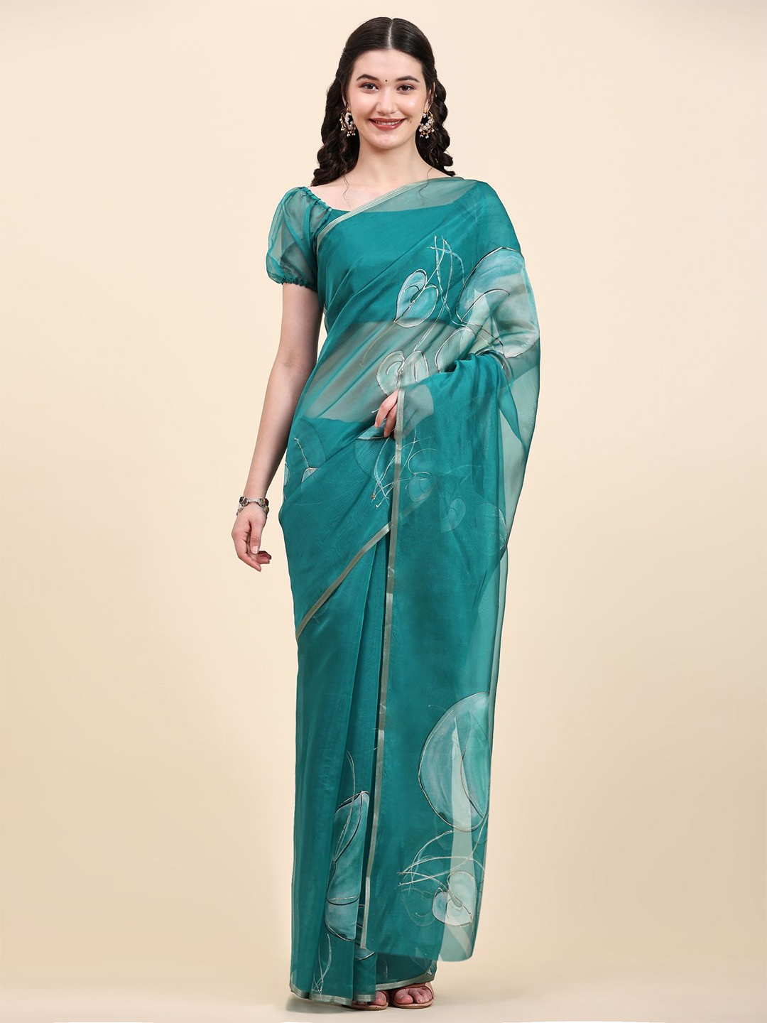 

RACHNA Floral Printed Zari Organza Saree, Green