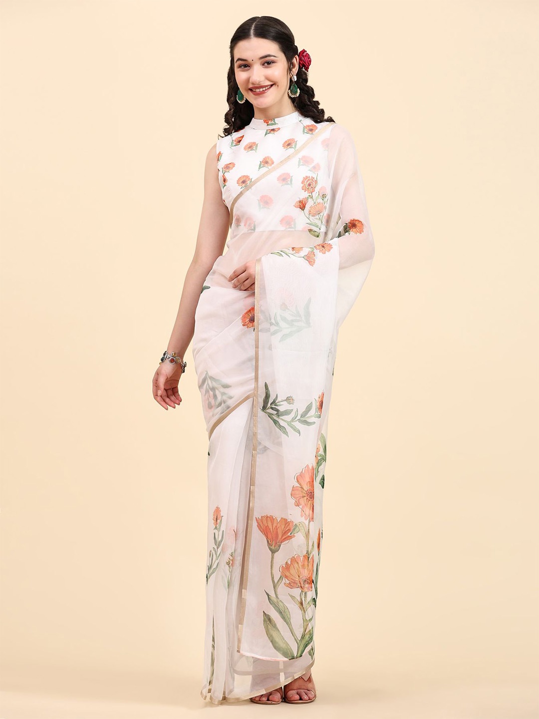 

RACHNA White & Orange Floral Printed Zari Organza Saree
