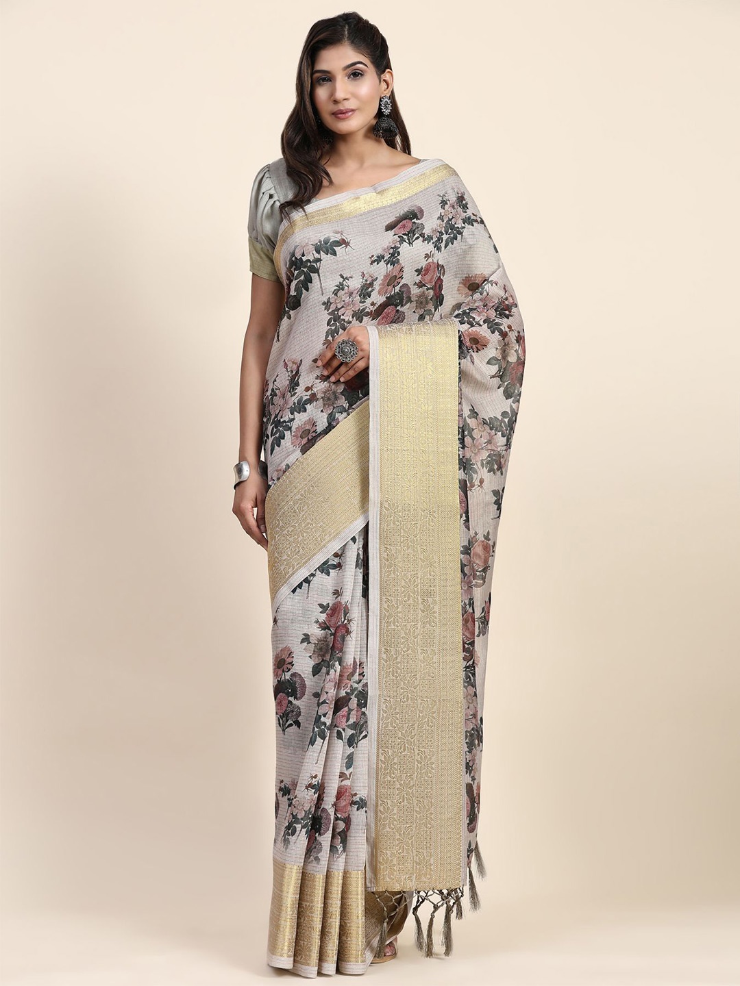 

RACHNA Floral Printed Khandua Silk Saree, Beige