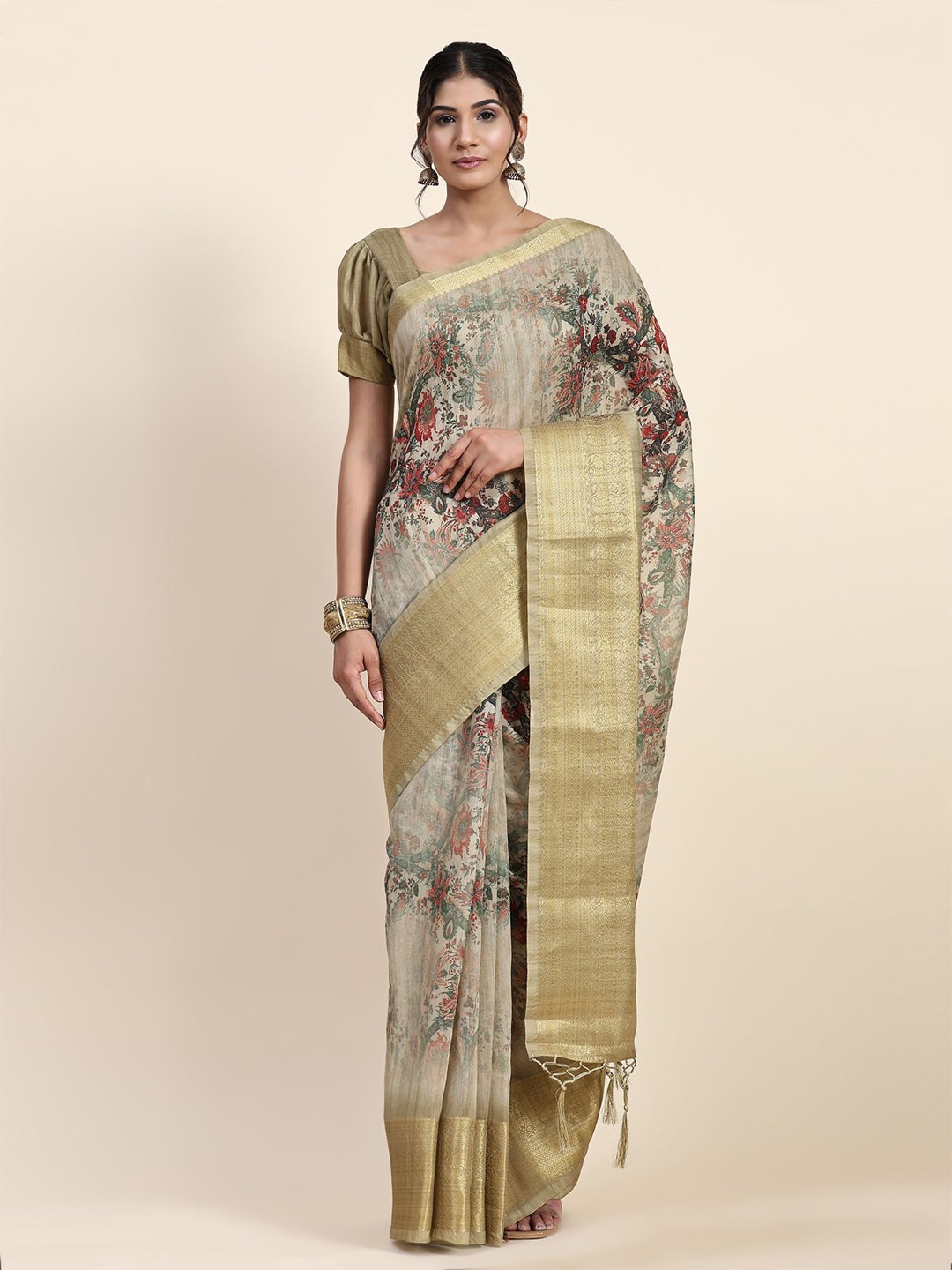 

RACHNA Floral Printed Zari Khandua Silk Saree, Green