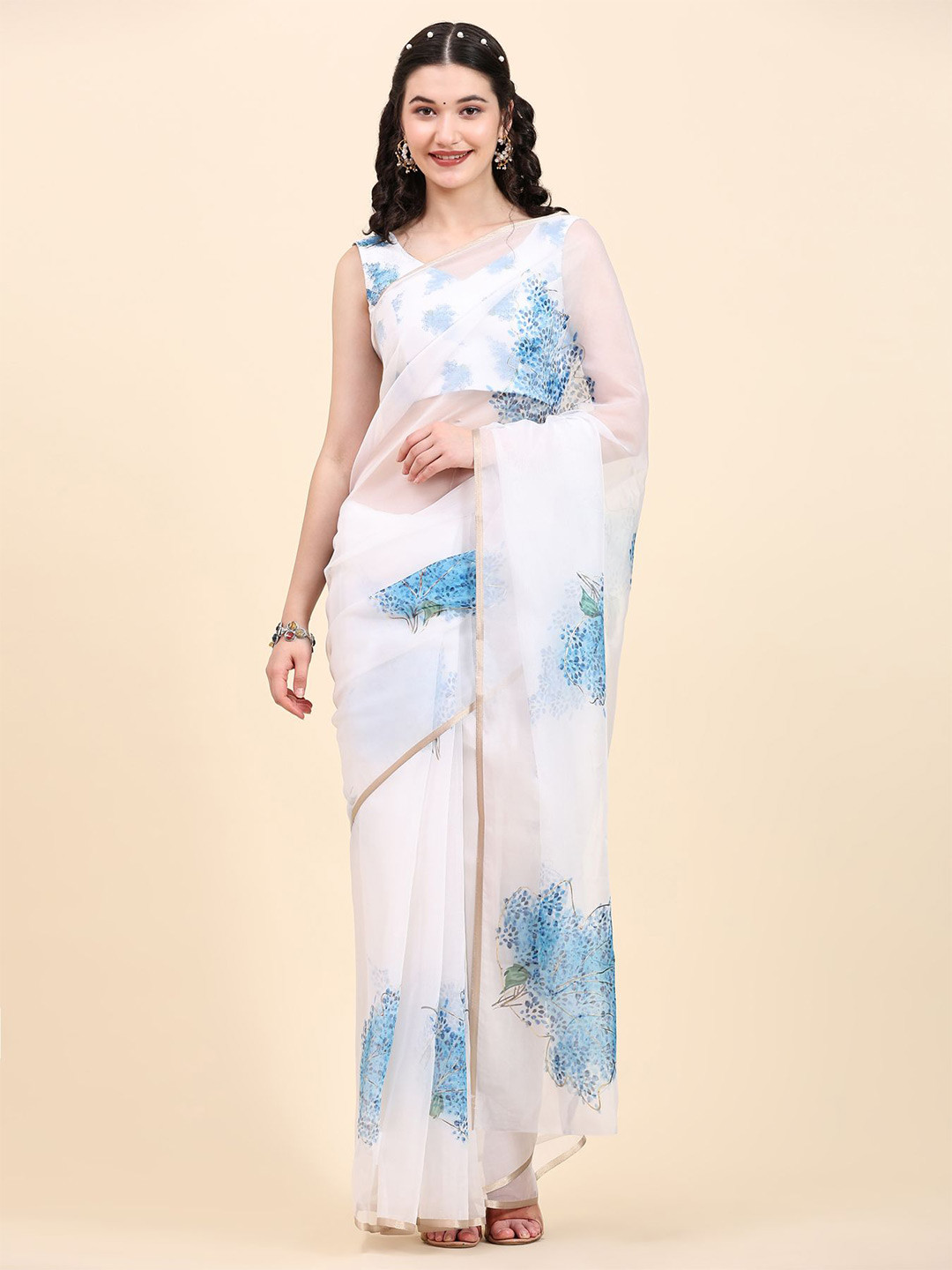 

RACHNA Floral Zari Organza Saree, White