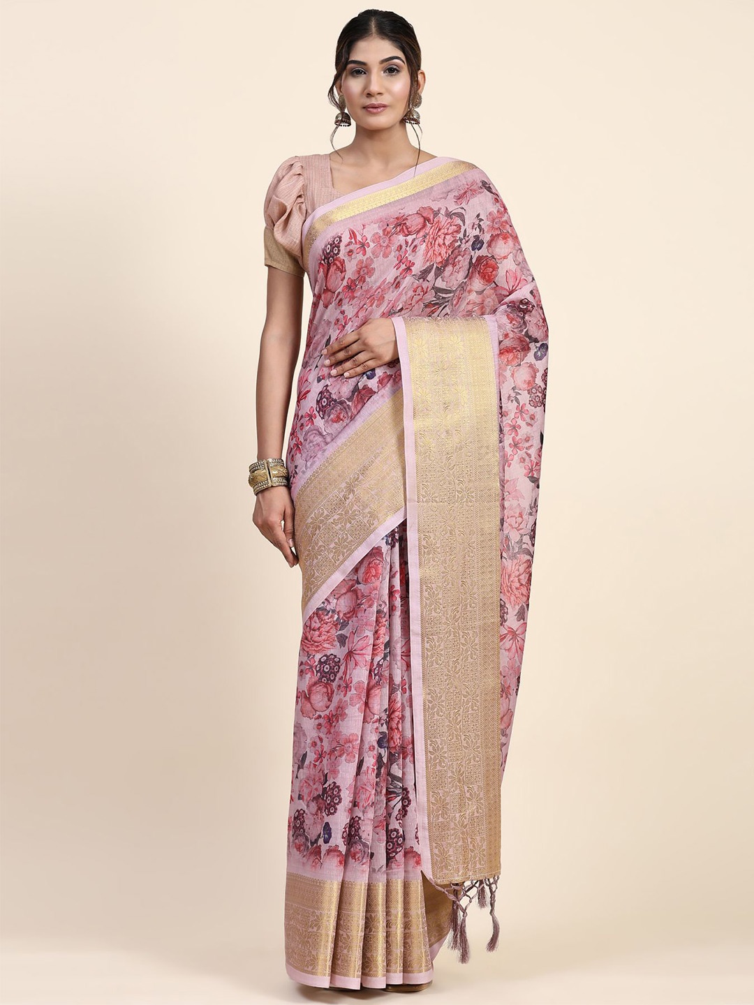 

RACHNA Floral Zari Khandua Silk Saree, Pink