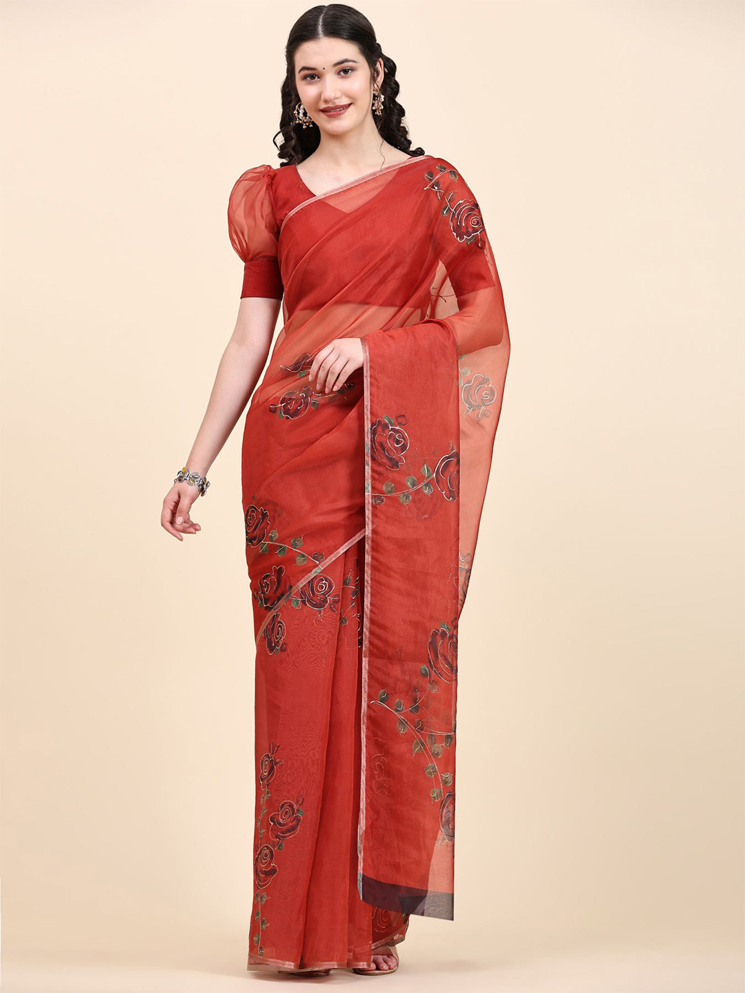

RACHNA Floral Printed Organza Saree, Red